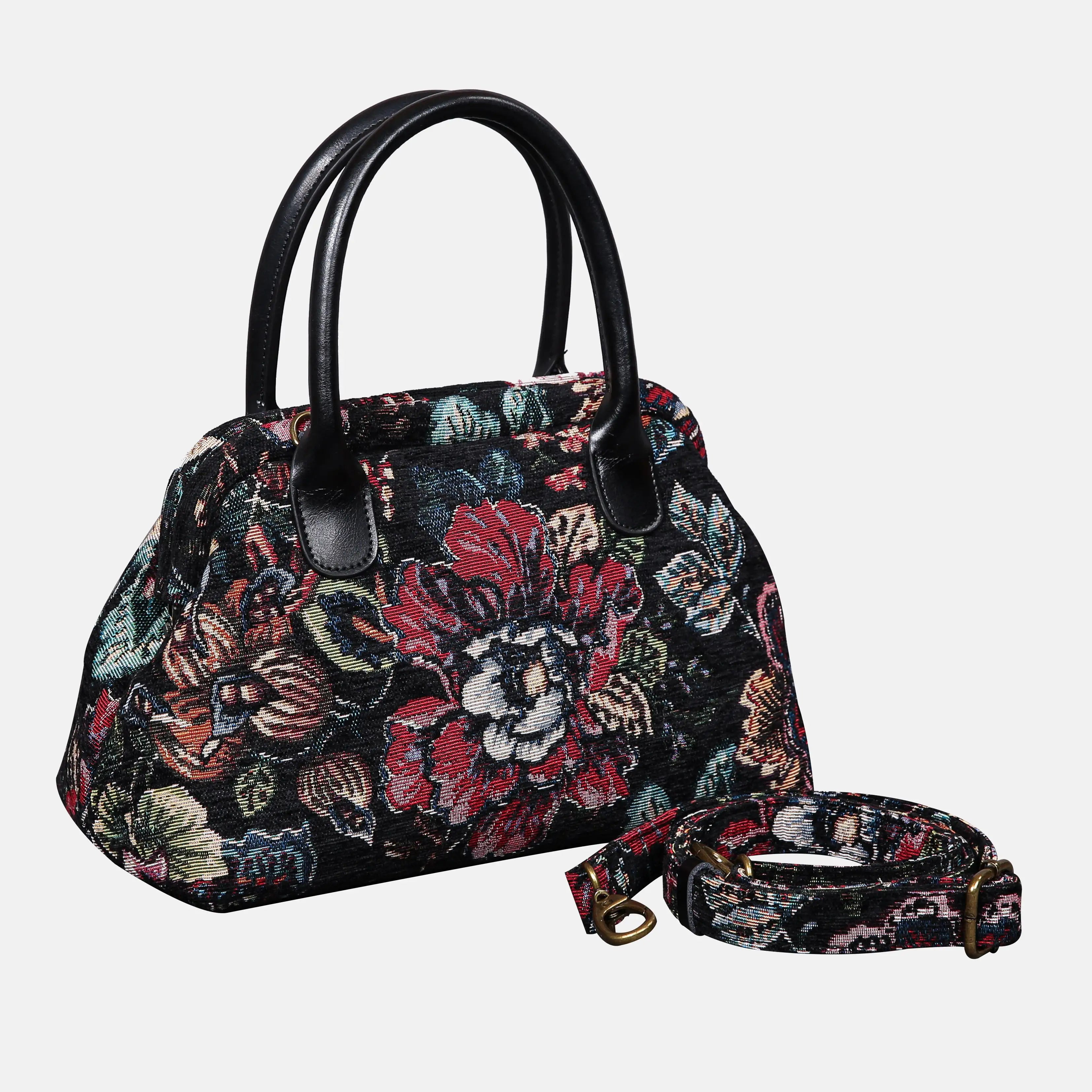 Rose Garden Black Carpet Satchel carpet bag MCW Handmade of America with strap