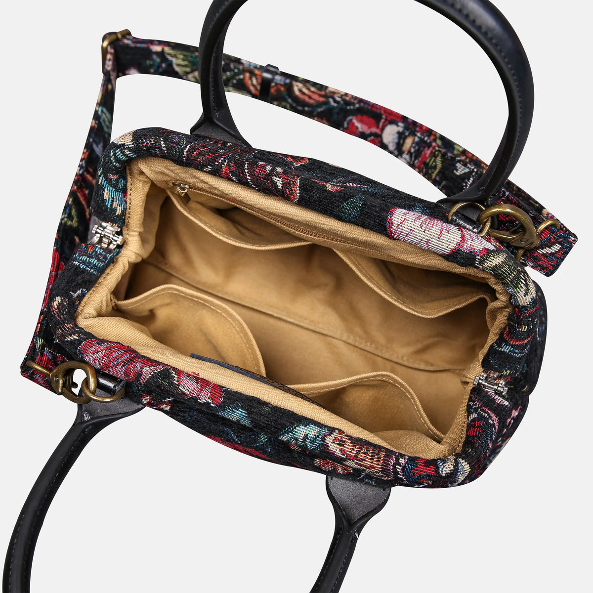 Rose Garden Black Carpet Satchel carpet bag MCW Handmade of America open