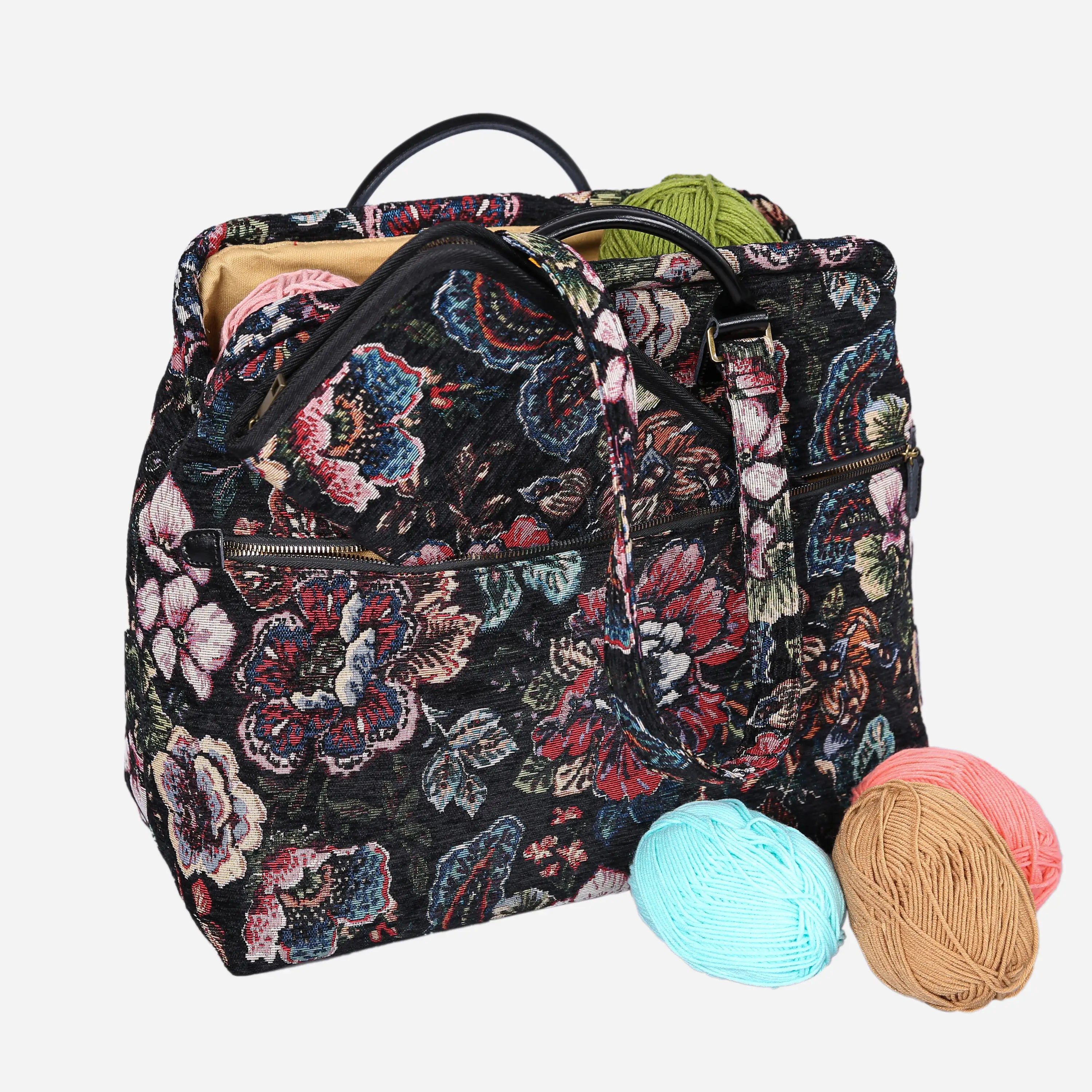 Rose Garden Black Knitting Project Bag  of America-with needle case