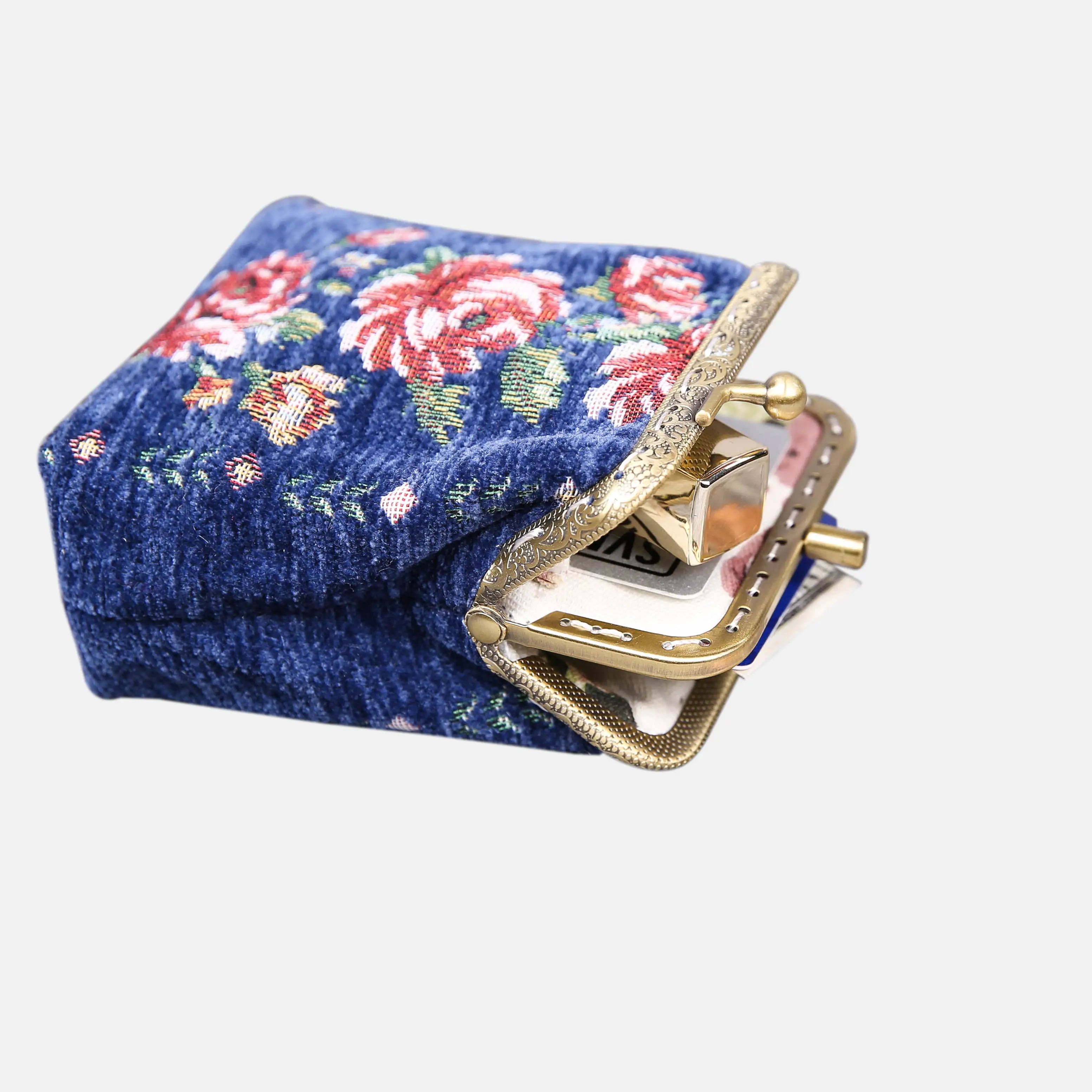 Rose Series Blue Double Kiss Clasp Coin Purse of America in use-5