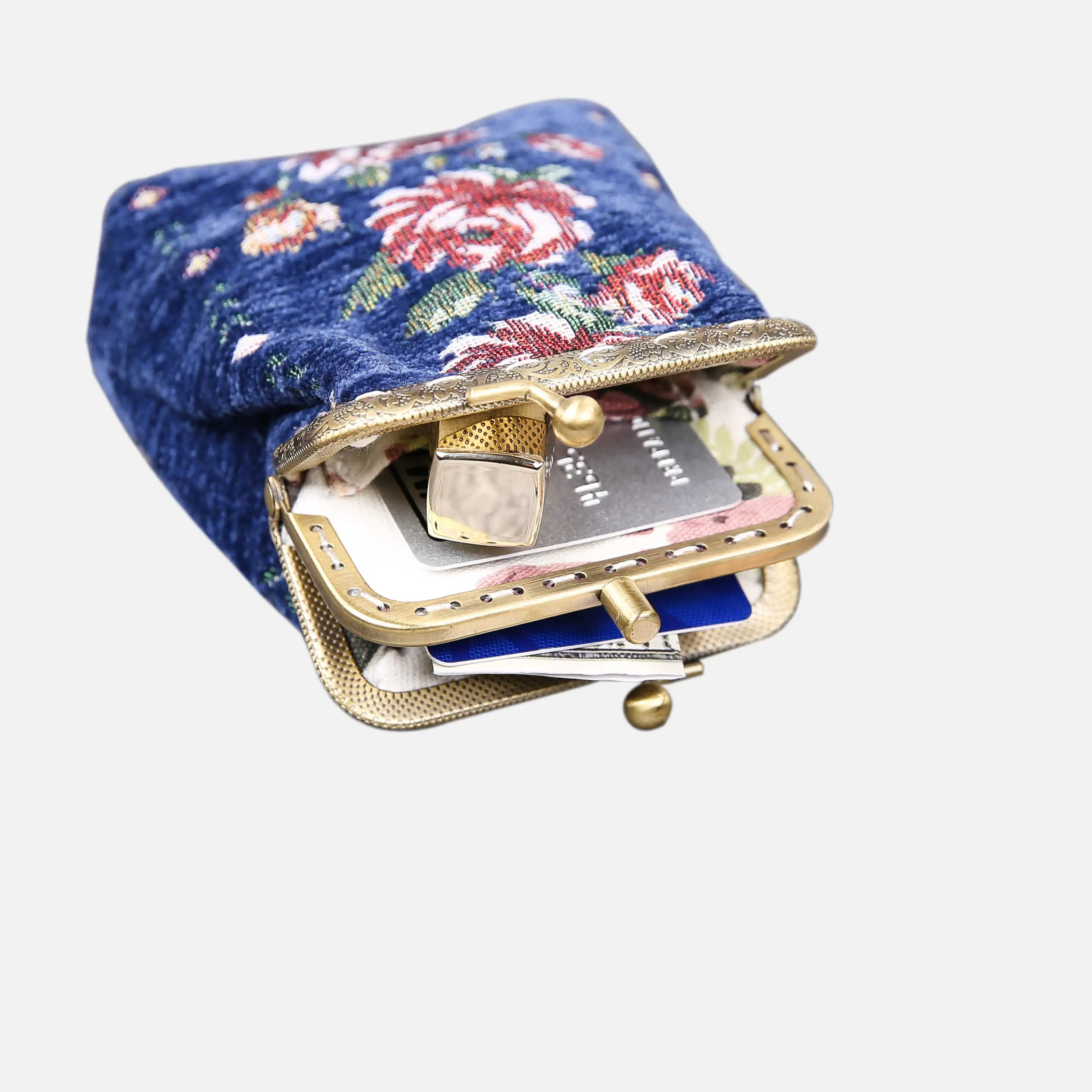 Rose Series Blue Double Kiss Clasp Coin Purse of America in use-4