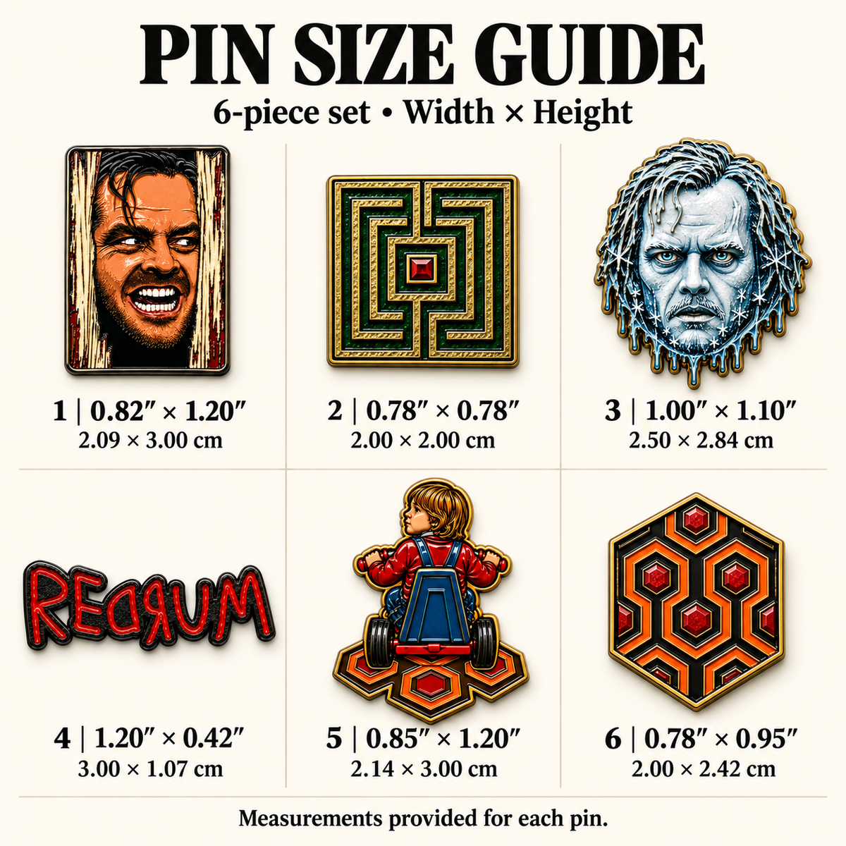 A size guide chart for a 6-piece pin set, showing each pin with its width and height measurements on a light beige background. The pins are developed by MCW carpetbags based on the movie "The Shining".