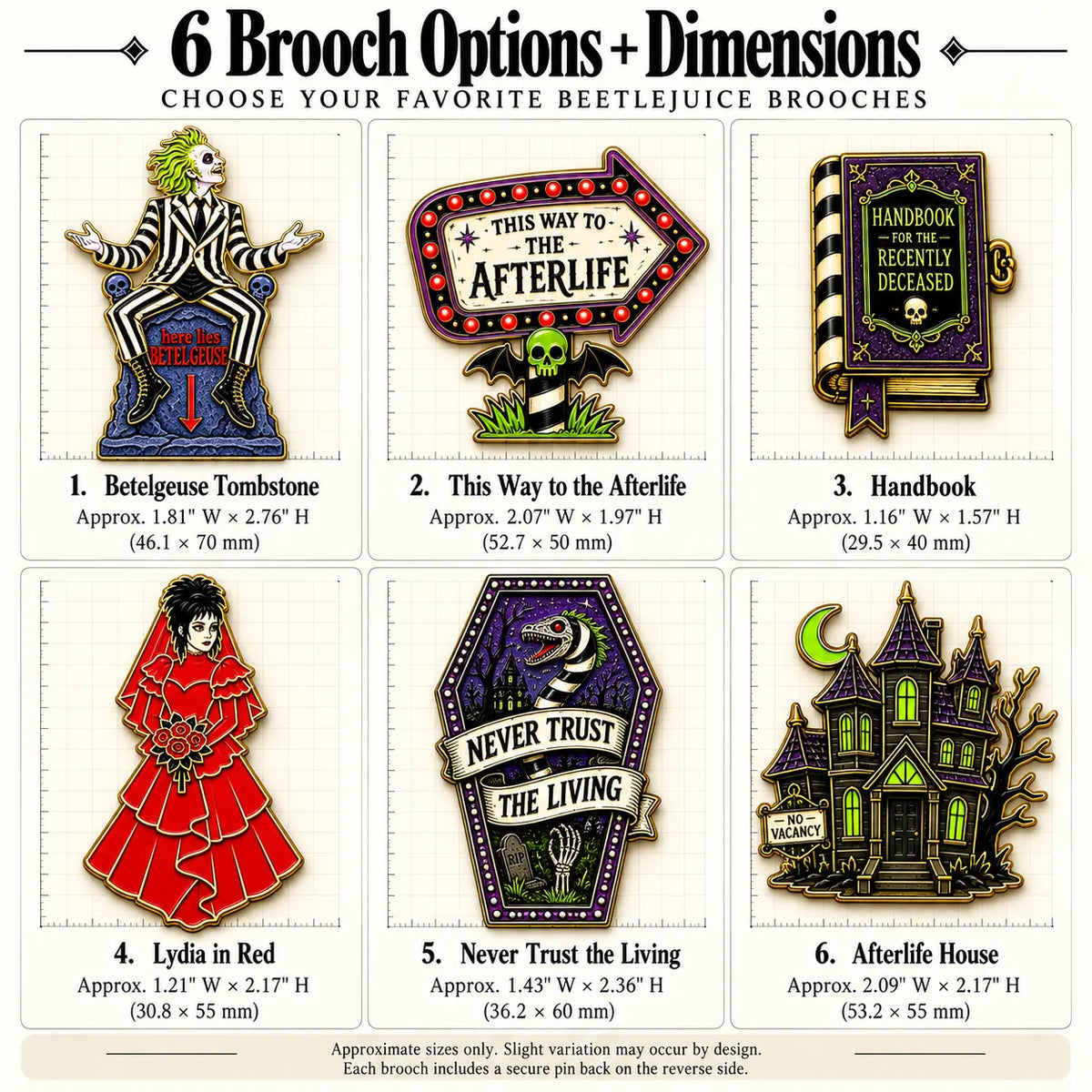 Beetlejuice Inspired Brooches | 6 Designs | MCW size chart