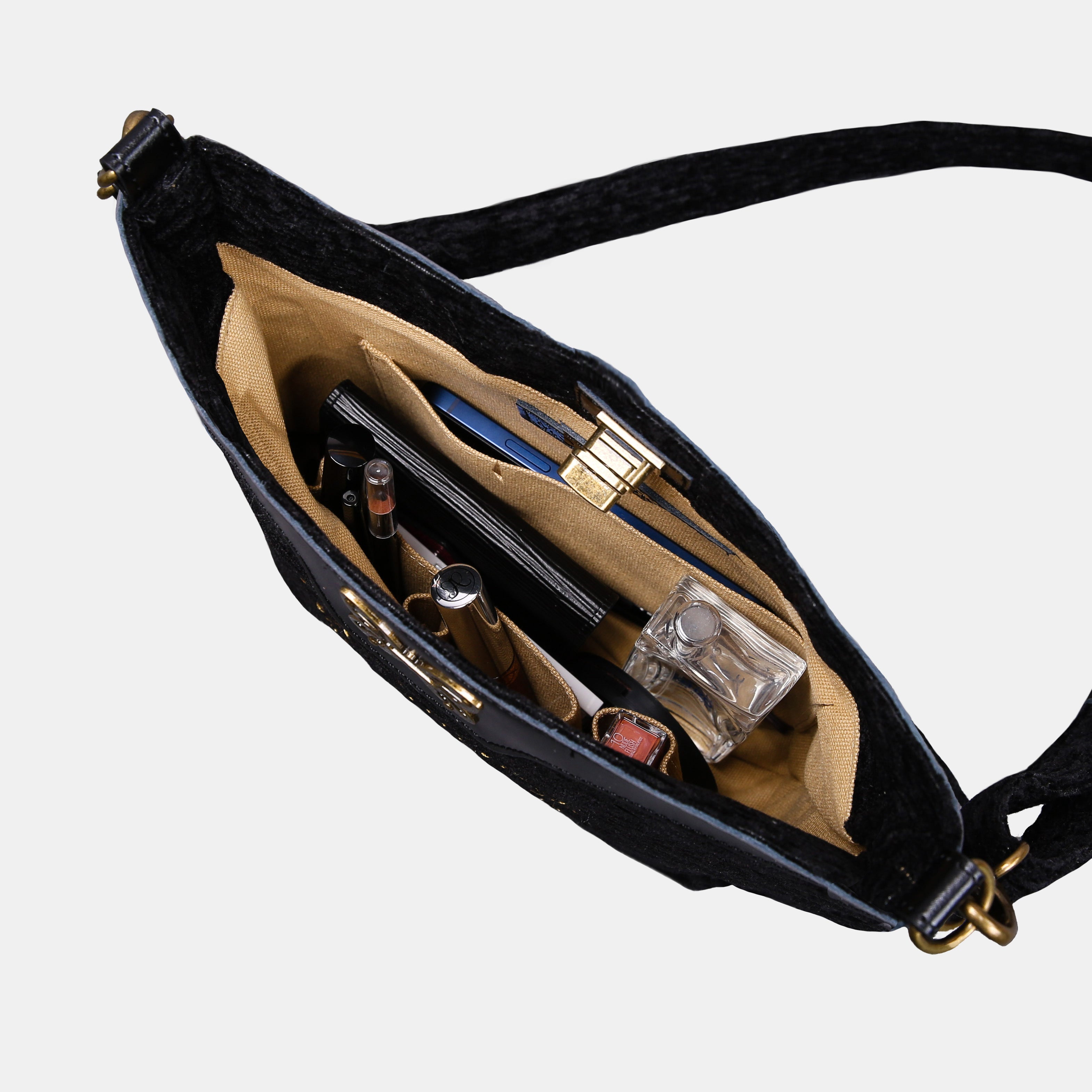 Solid Black Butterfly Crossbody Bag Carpetbag of America in use