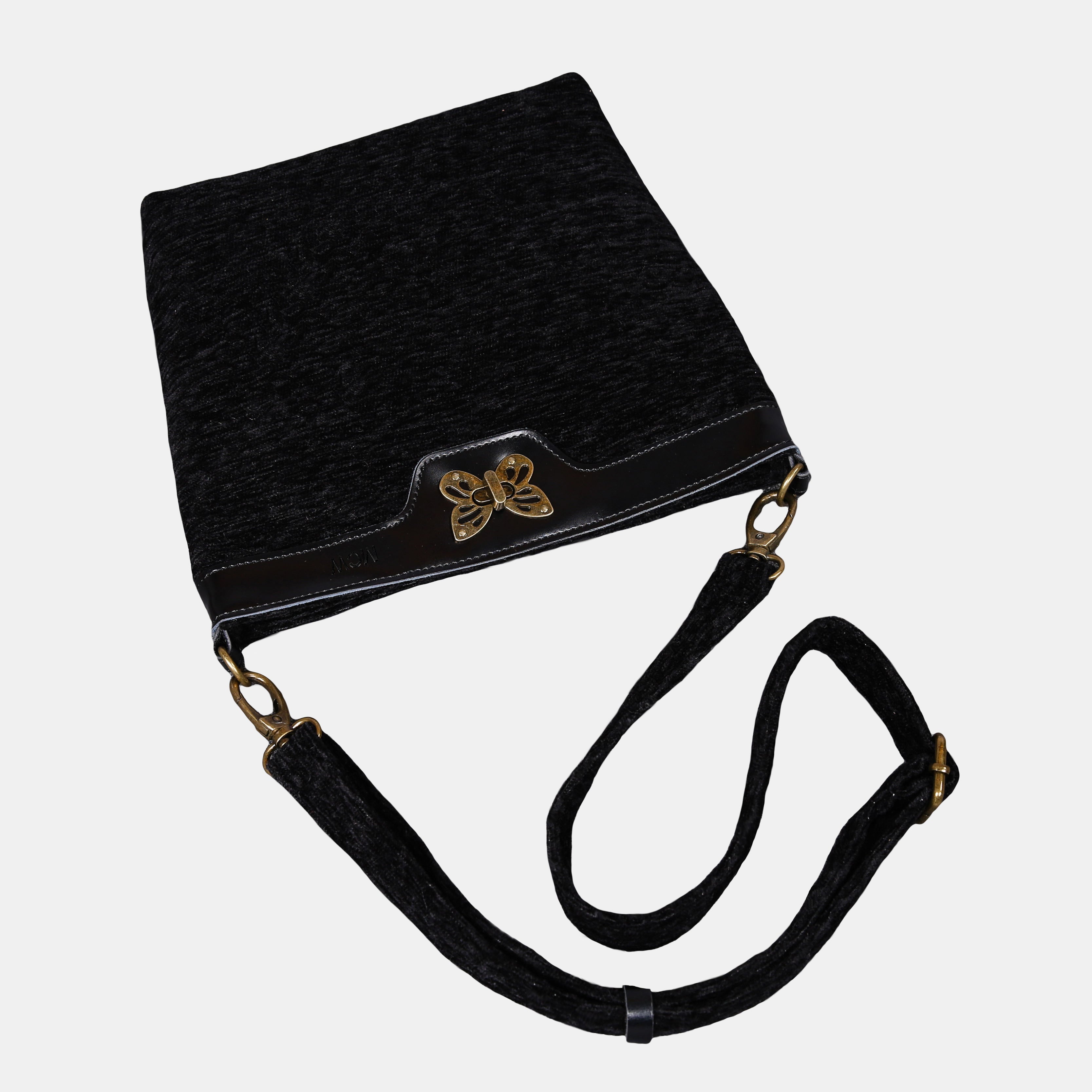 Solid Black Butterfly Crossbody Bag Carpetbag of America lay flat
