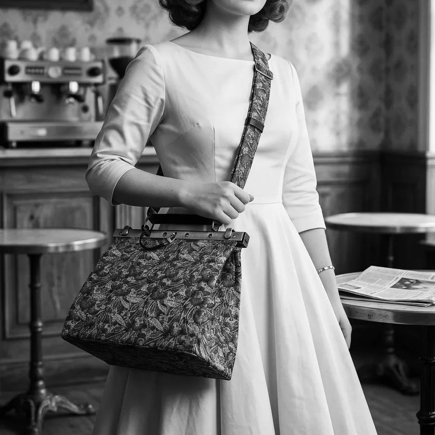 Woman holding a floral-patterned cecile purse in a vintage-style cafe.