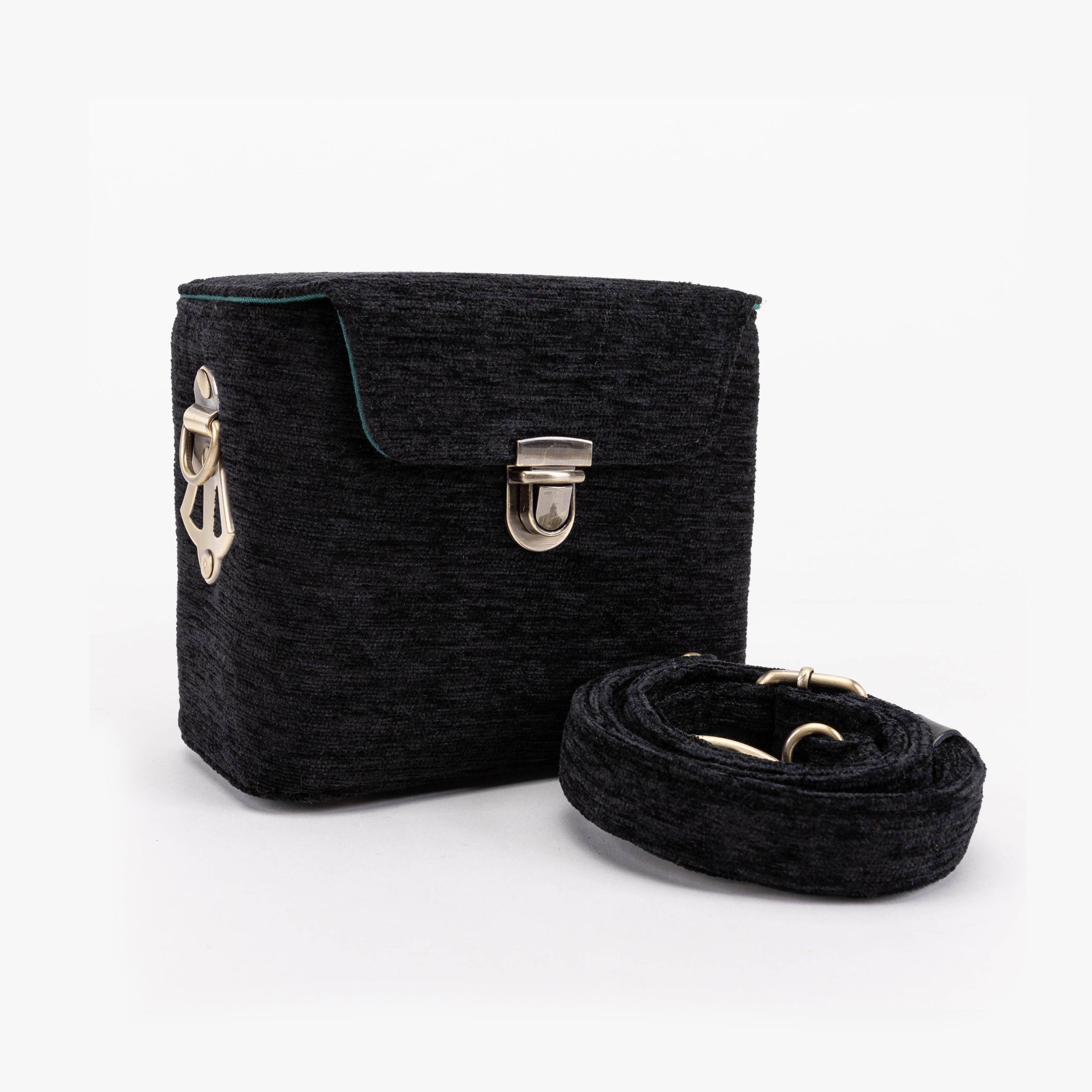 Solid Black Emma Small Train Case Crossbody of America with shoulder strap
