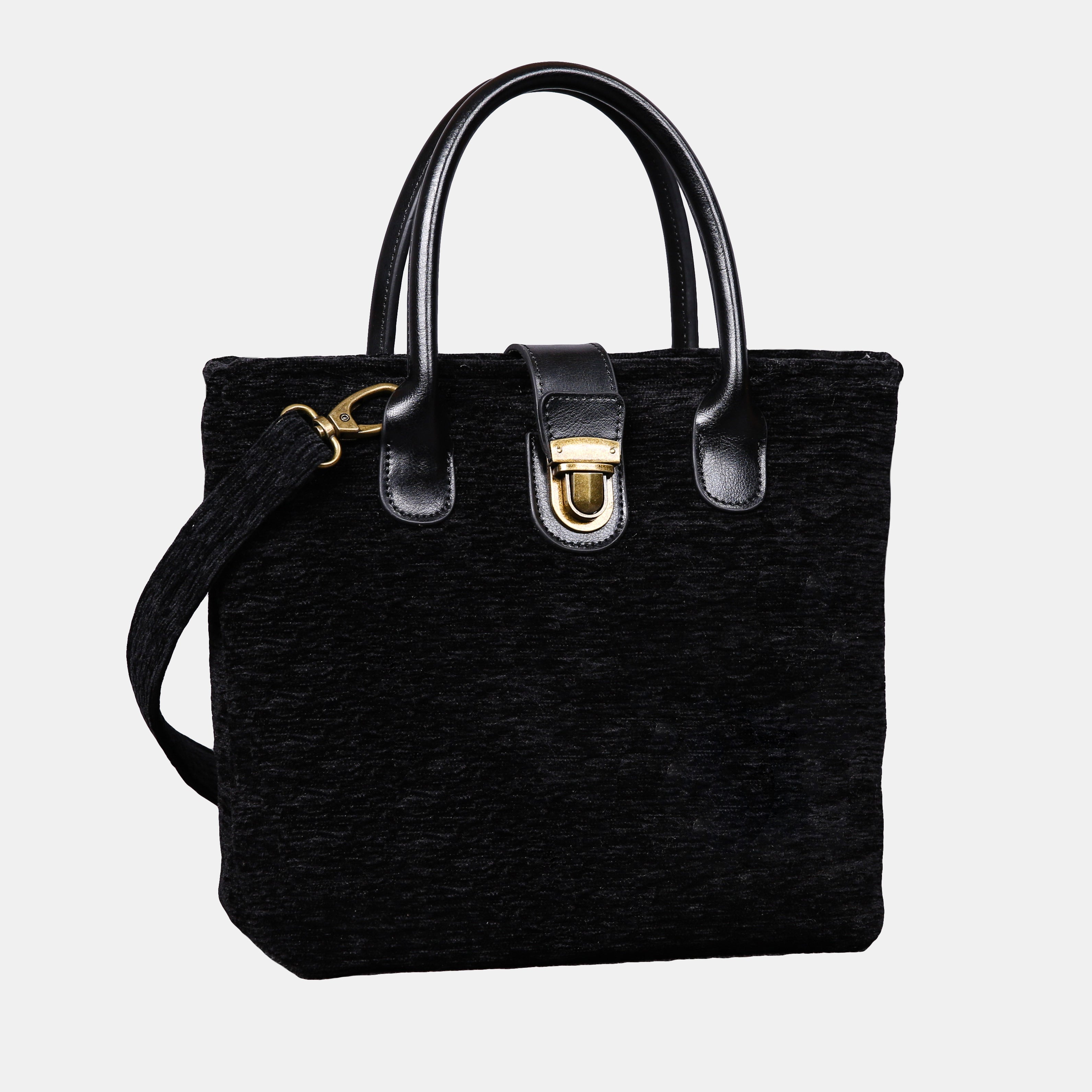 Solid Black Leather Brown Tuck Lock Carpet Satchel of America front