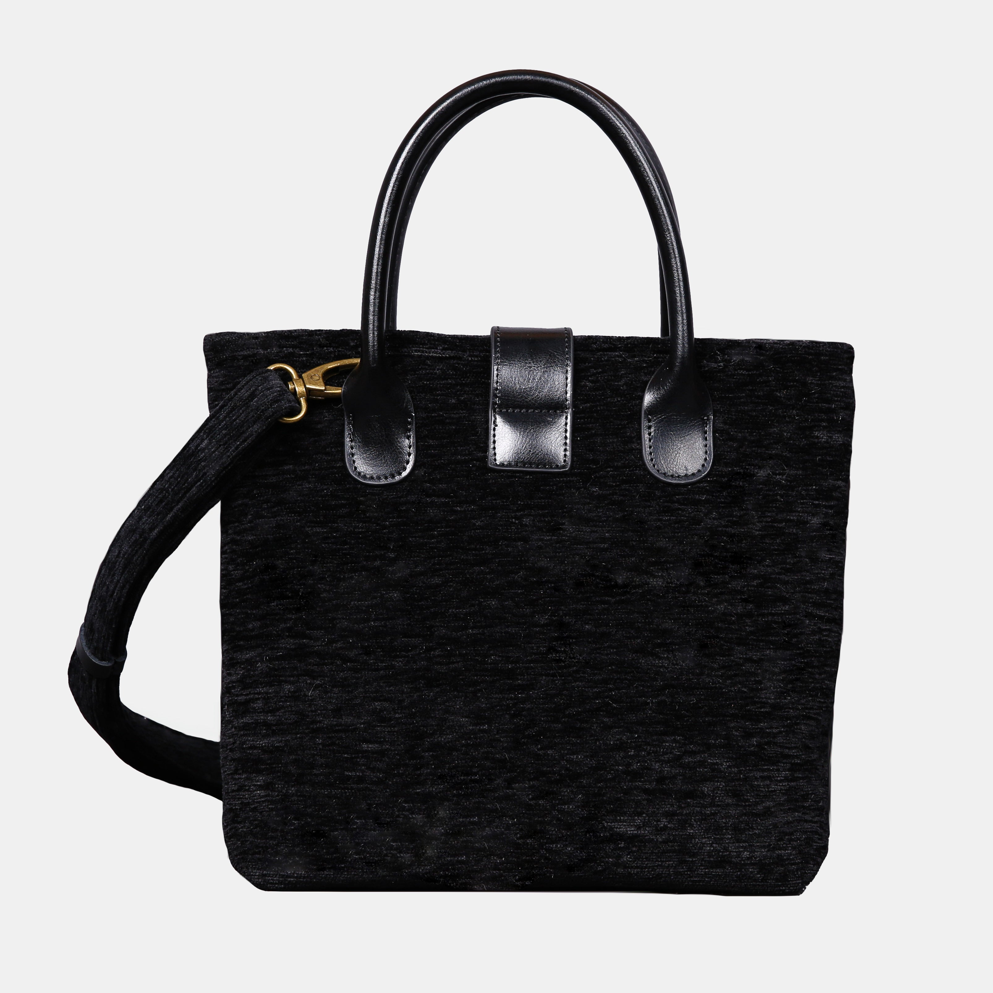 Solid Black Leather Brown Tuck Lock Carpet Satchel of America back