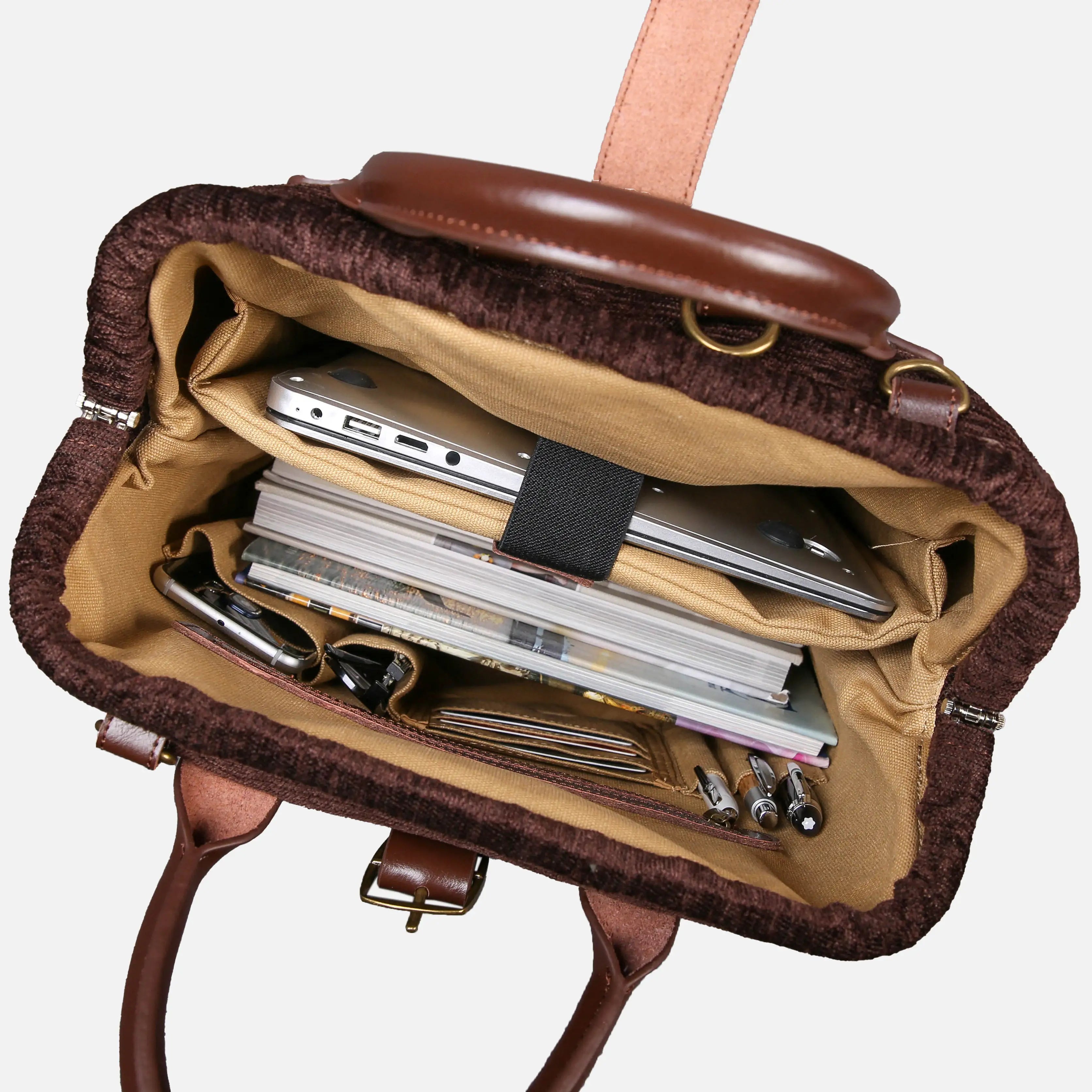 Solid Coffee Carpet Laptop Backpack Carpetbag of America in use