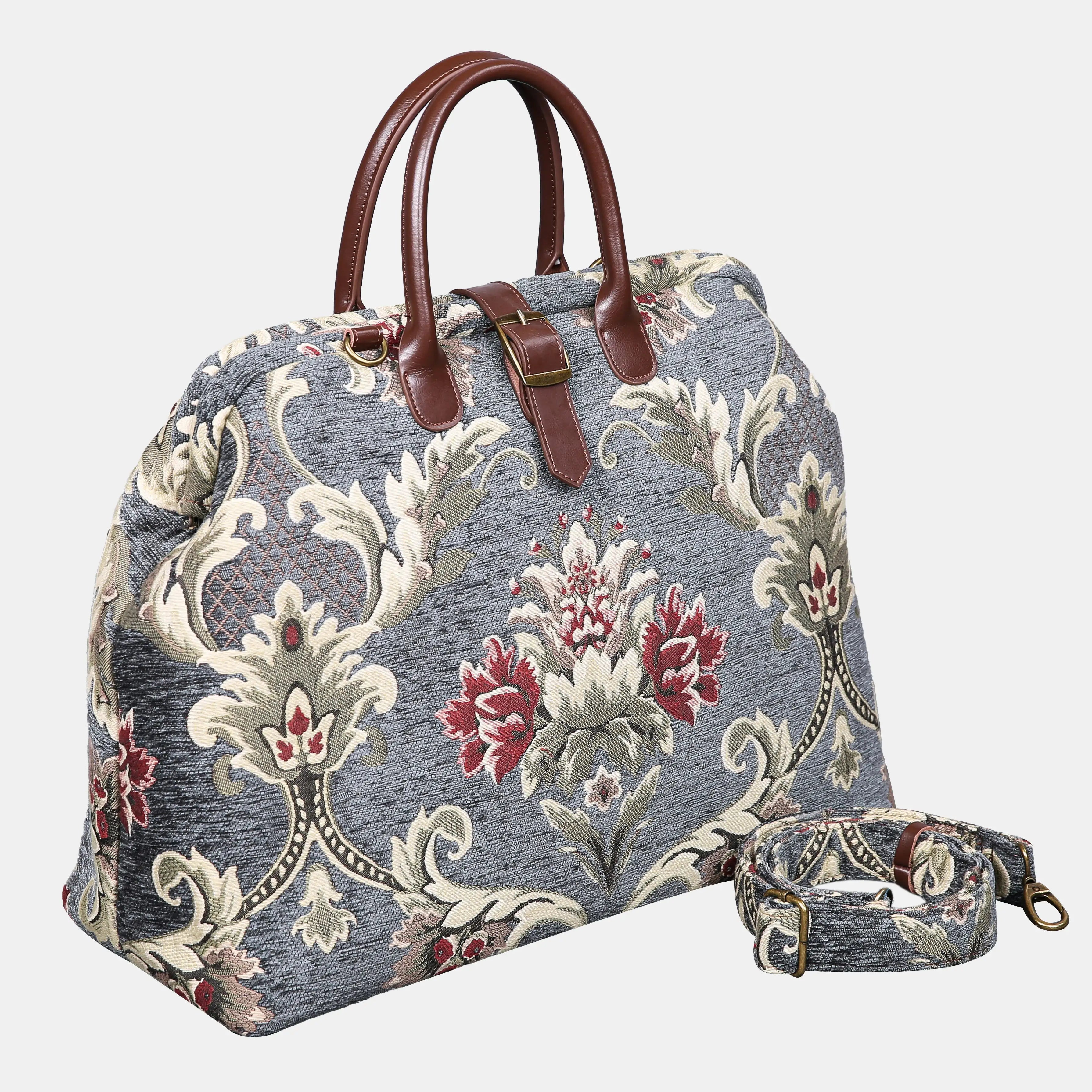 Floral Green Gray Mary Poppins Weekender carpet bag MCW Handmade with shoulder strap