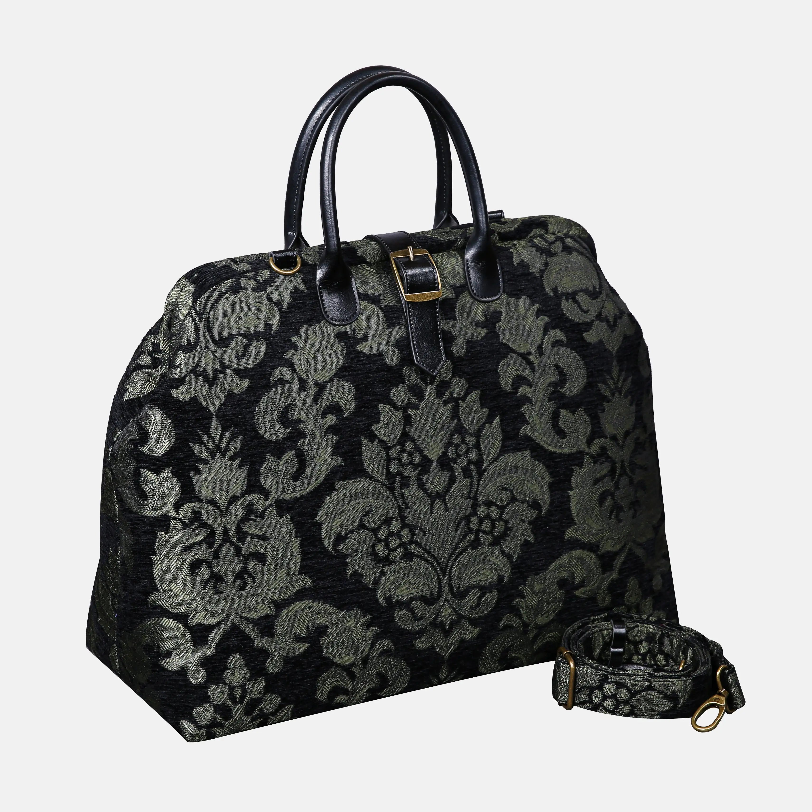 Victorian Blossom Black Green Mary Poppins Weekender Carpetbag with shoulder strap