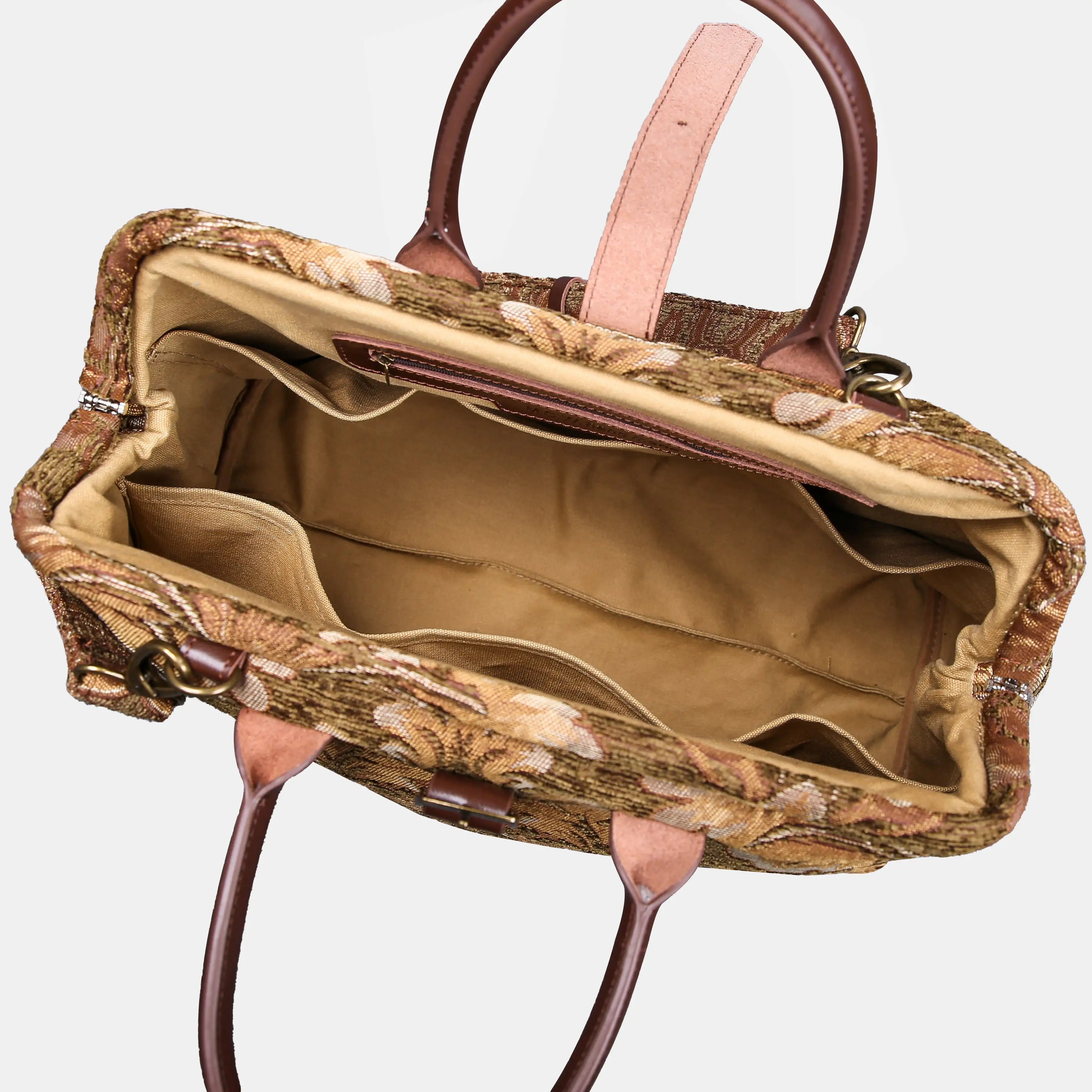 Pomegranate Brown Mary Poppins Weekender Carpetbag of America open