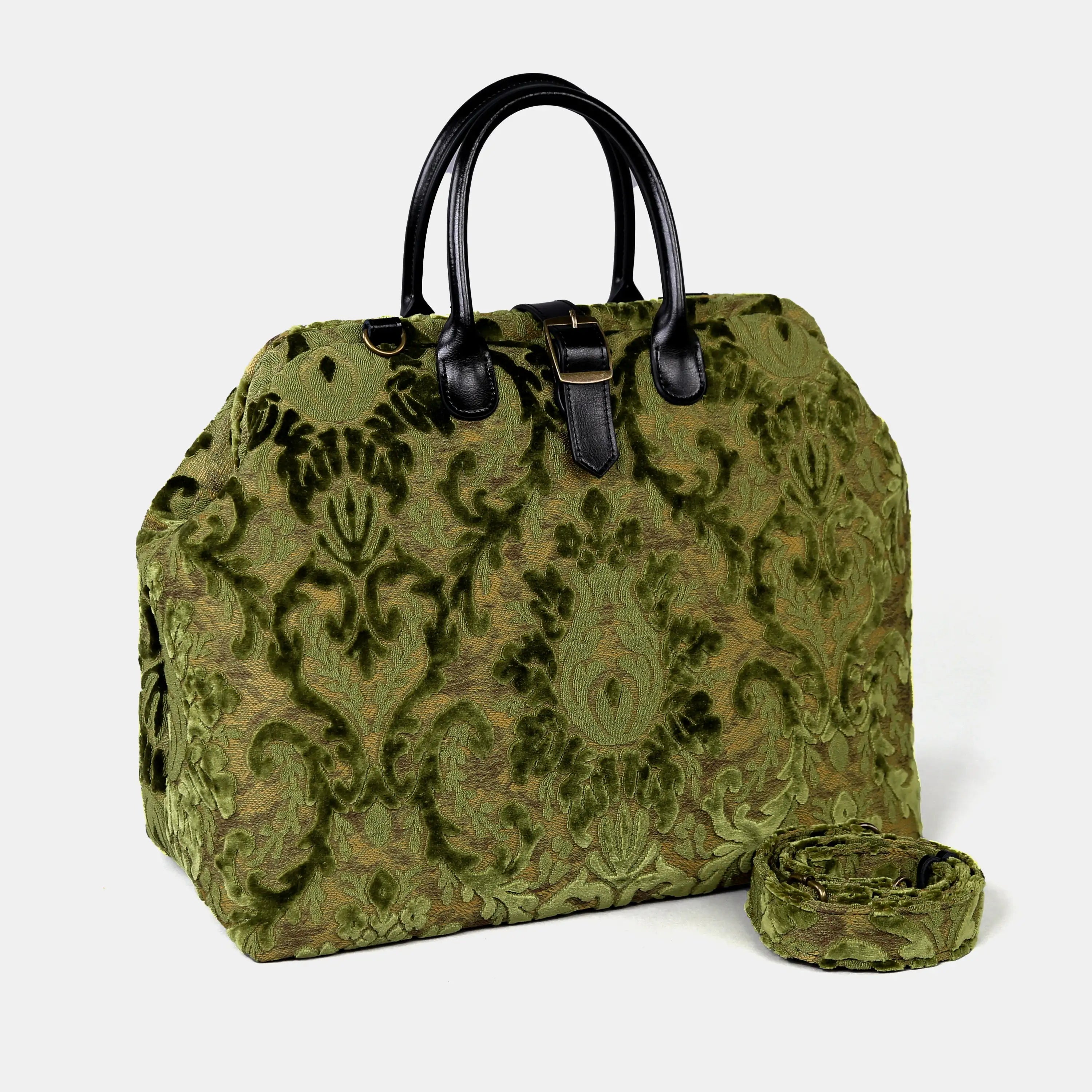 Burnout Velvet Fern Green Mary Poppins Weekender Carpetbag of America with shoulder strap