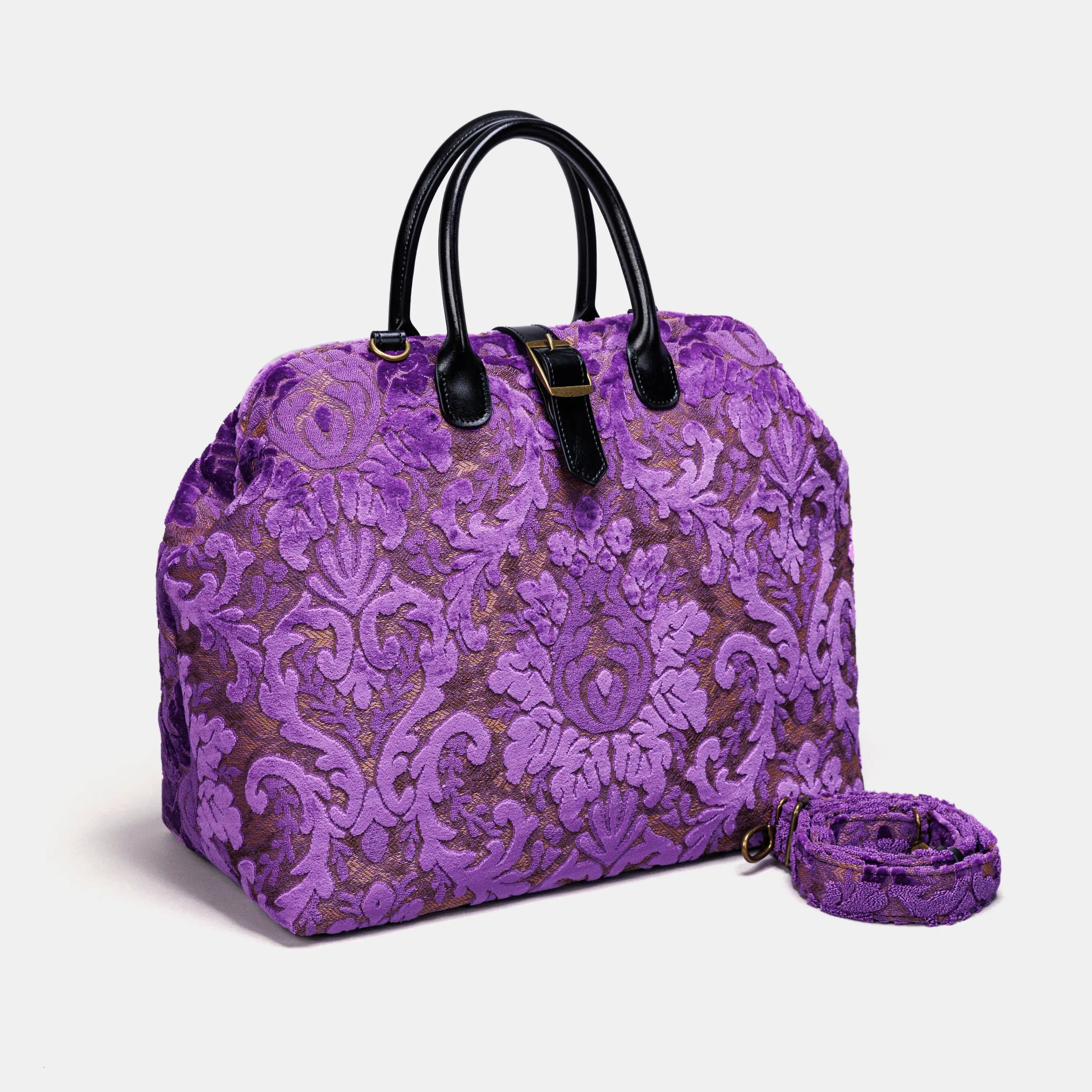 Burnout Velvet Purple Mary Poppins Weekender Carpetbag of America with shoulder strap