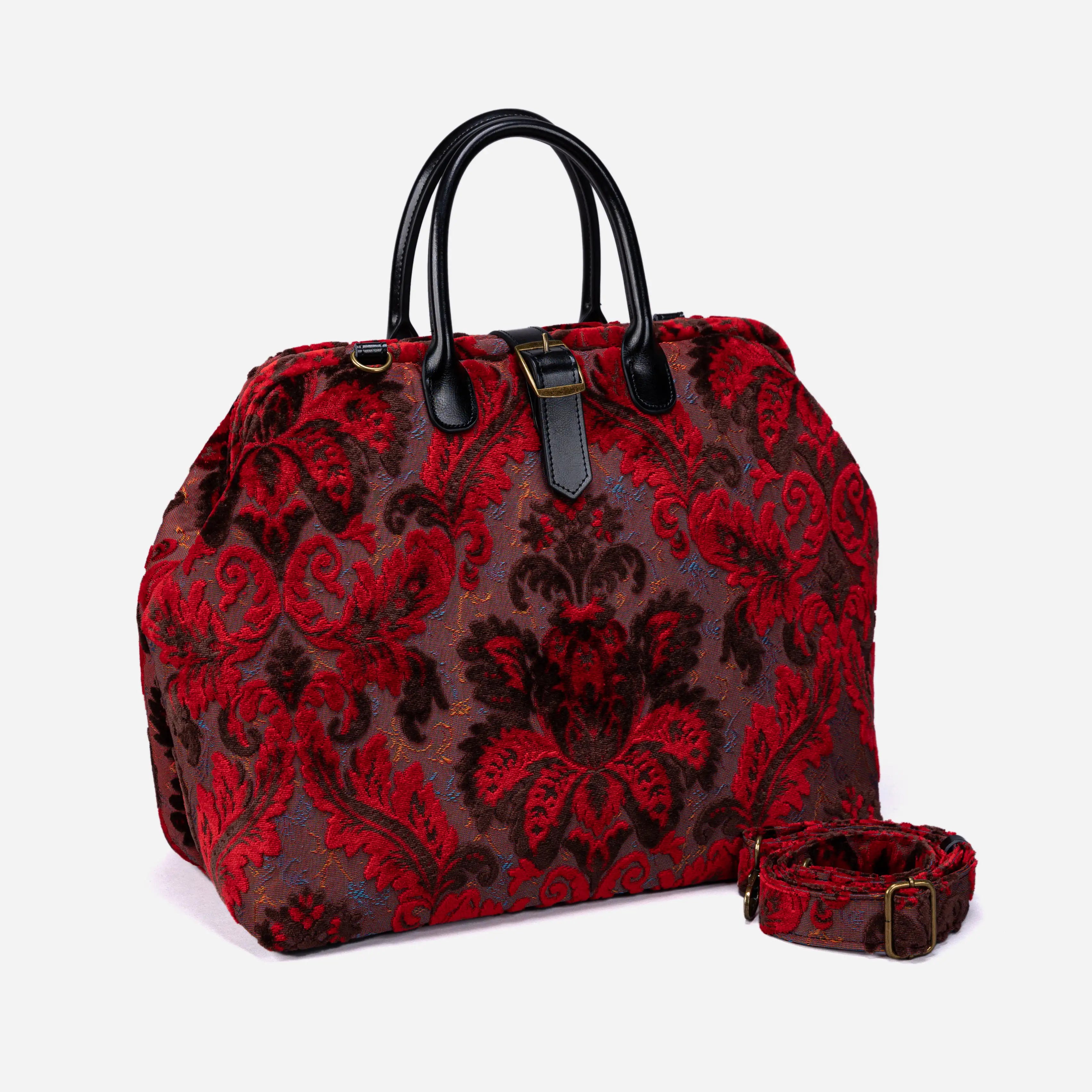 Burnout Velvet Revival Scarlet Mary Poppins Weekender Carpetbag with shoulder strap