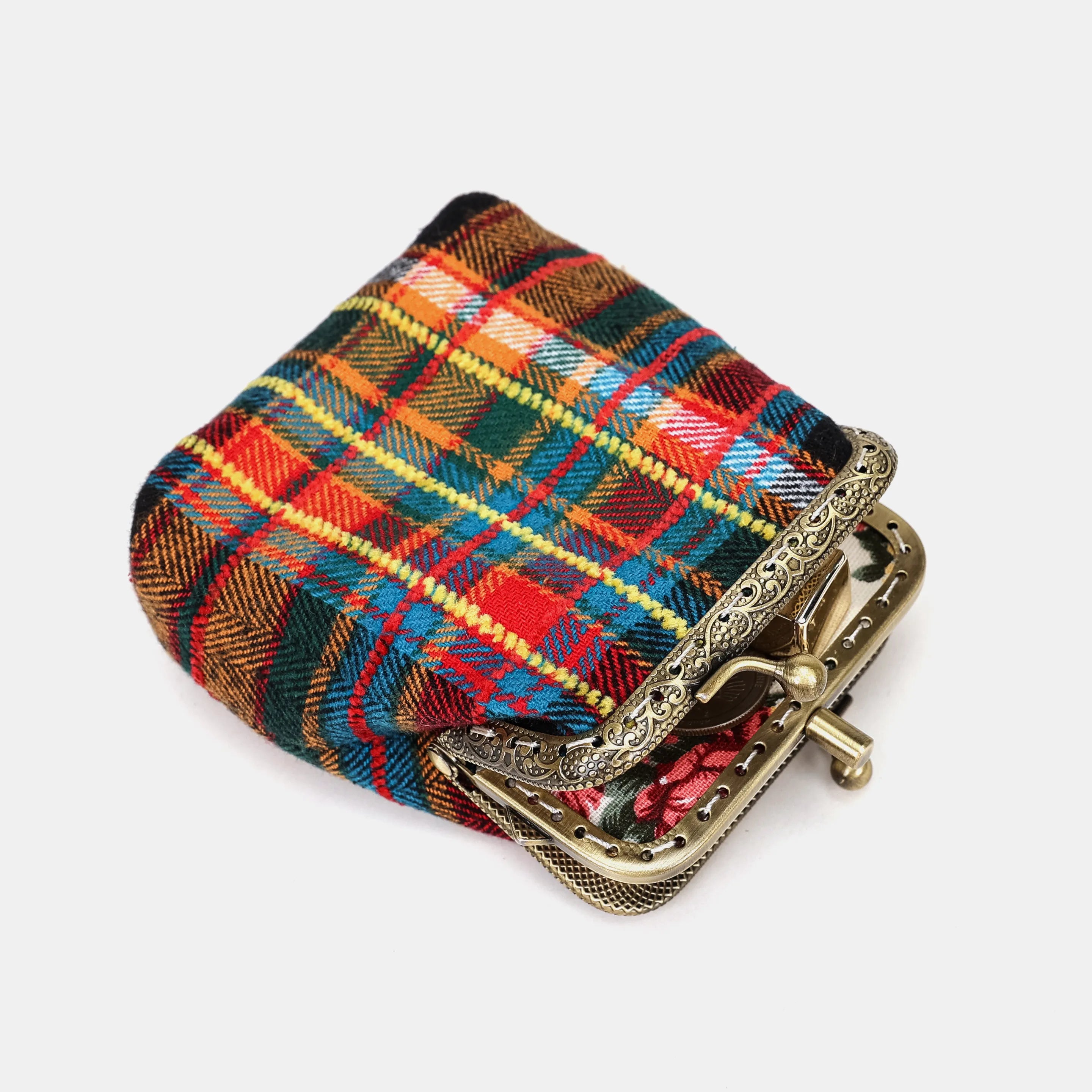 Tartan Stewart Black Double Kiss Clasp Coin Purse Carpetbag of America open