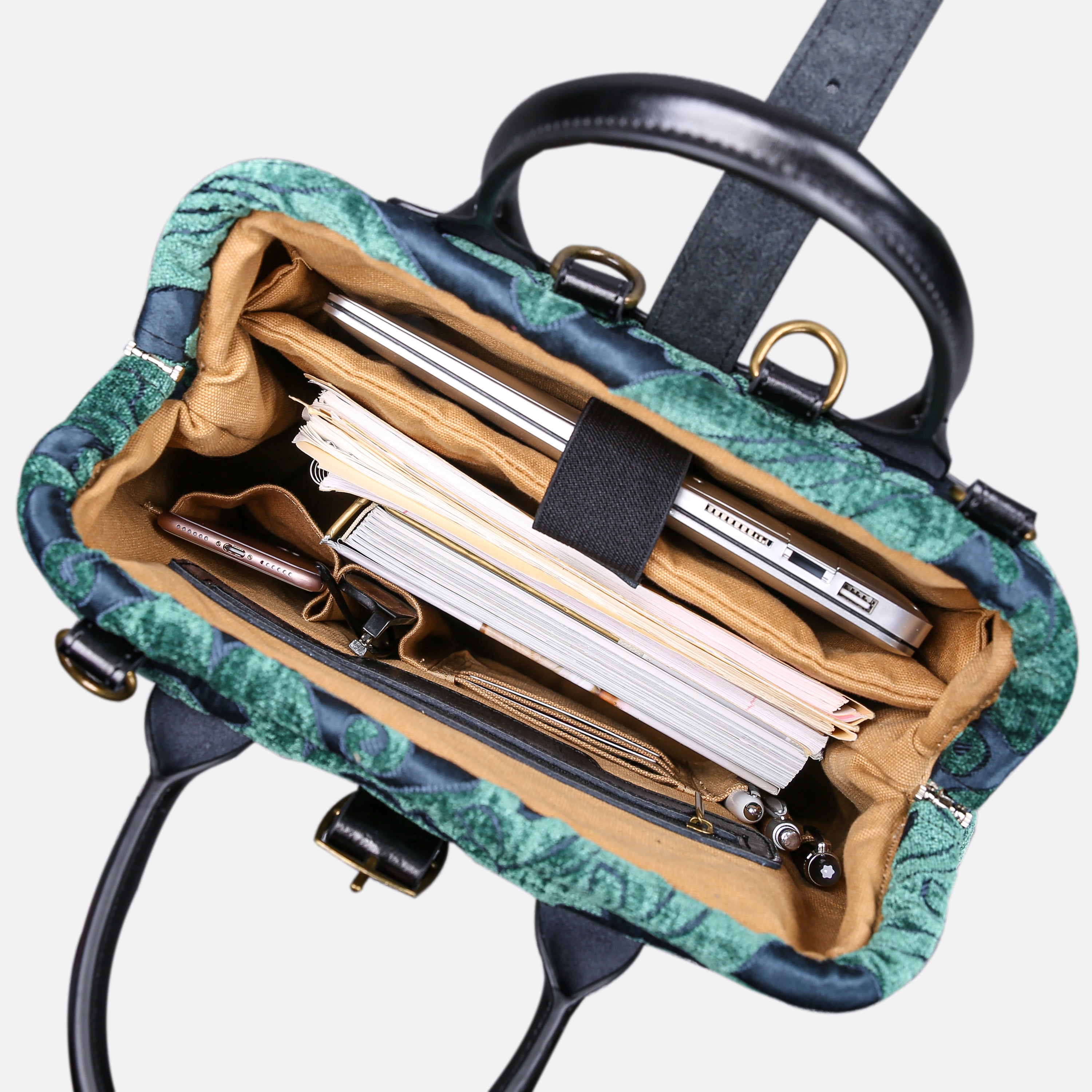 Queen Hunter Green Carpet Laptop Backpack in use