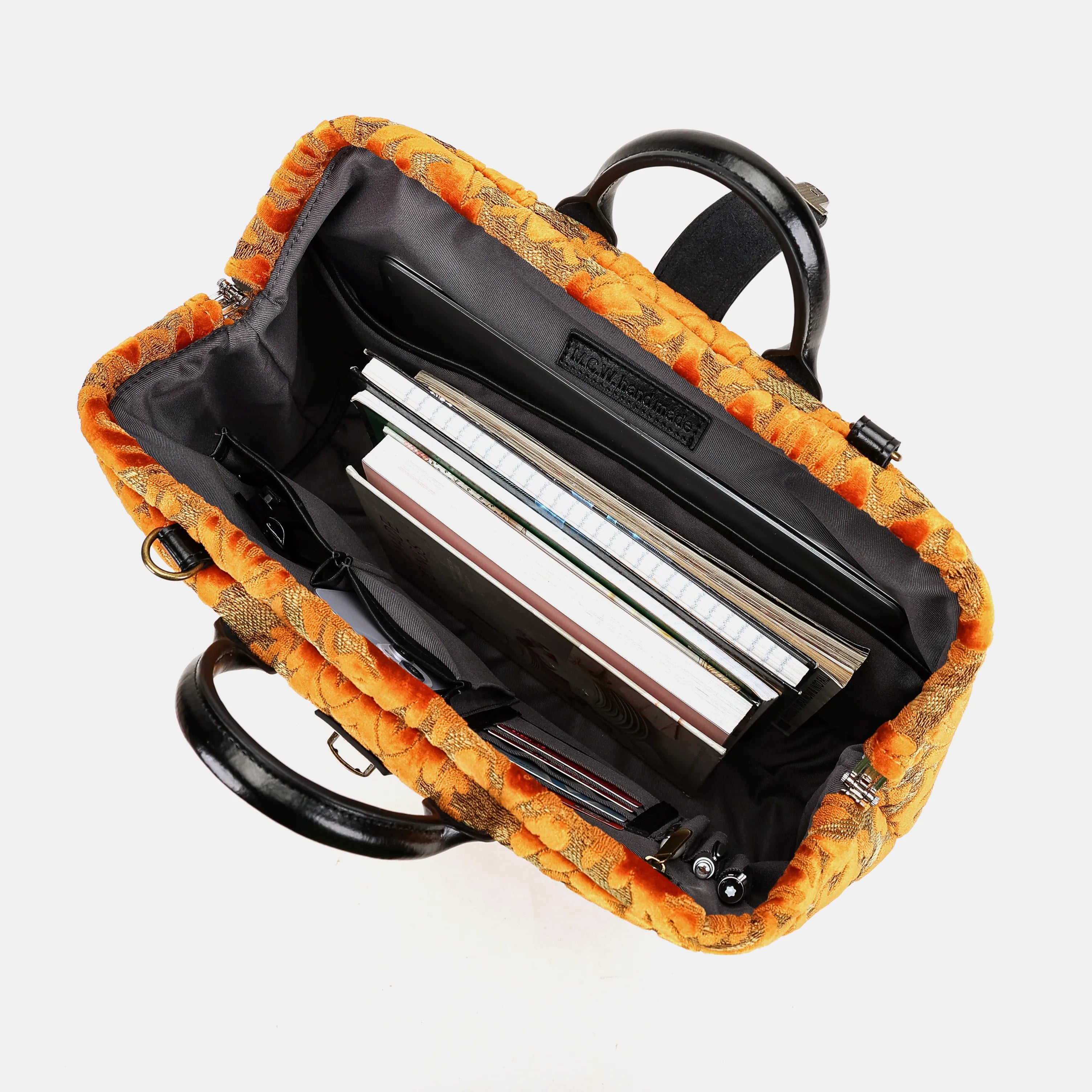 Burnout Velvet Orange Laptop Work Bag with books