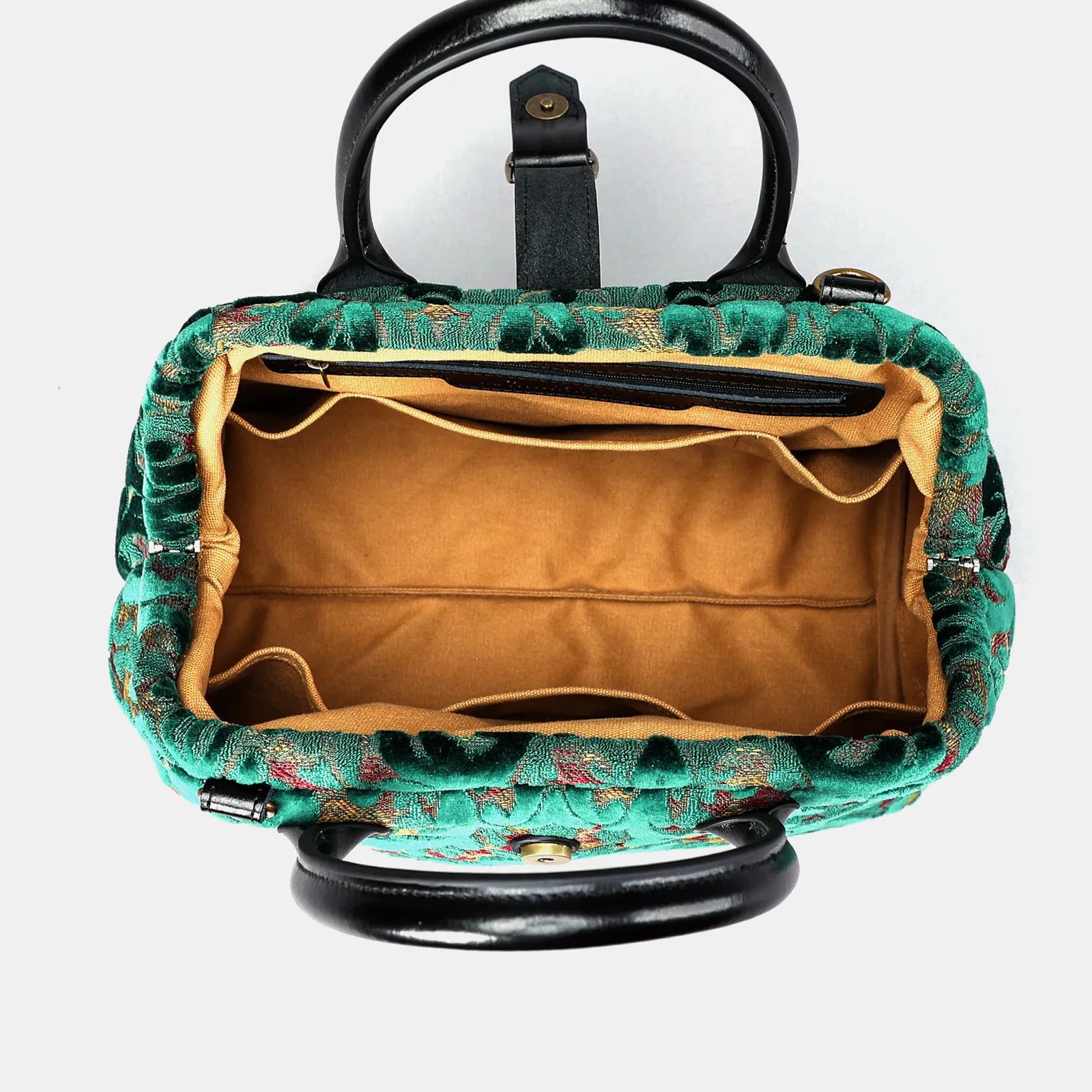 Burnout Velvet Jade Green Carpet Handbag Purse of America open