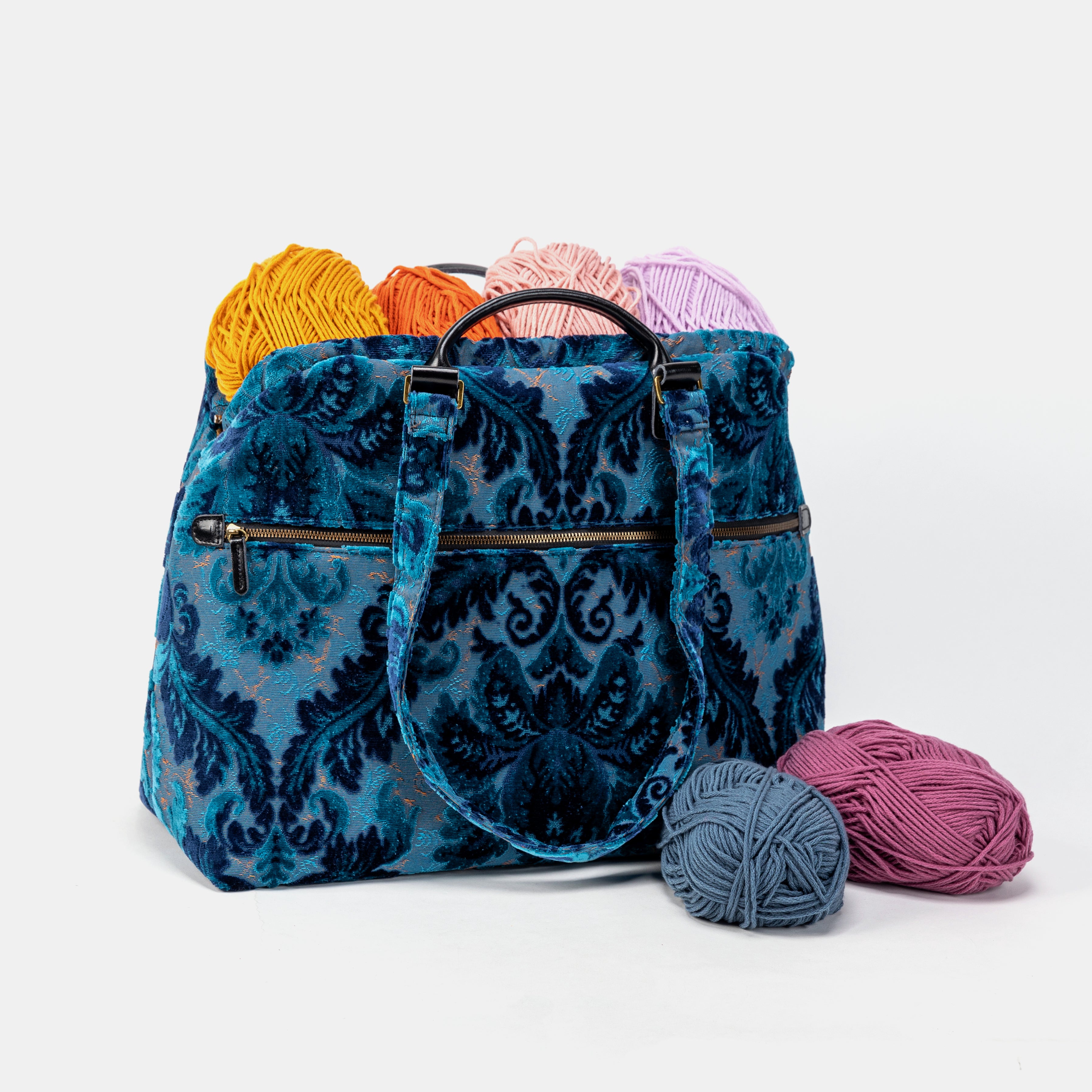 Burnout Velvet Revival Aqua Knitting Project Bag with yarn