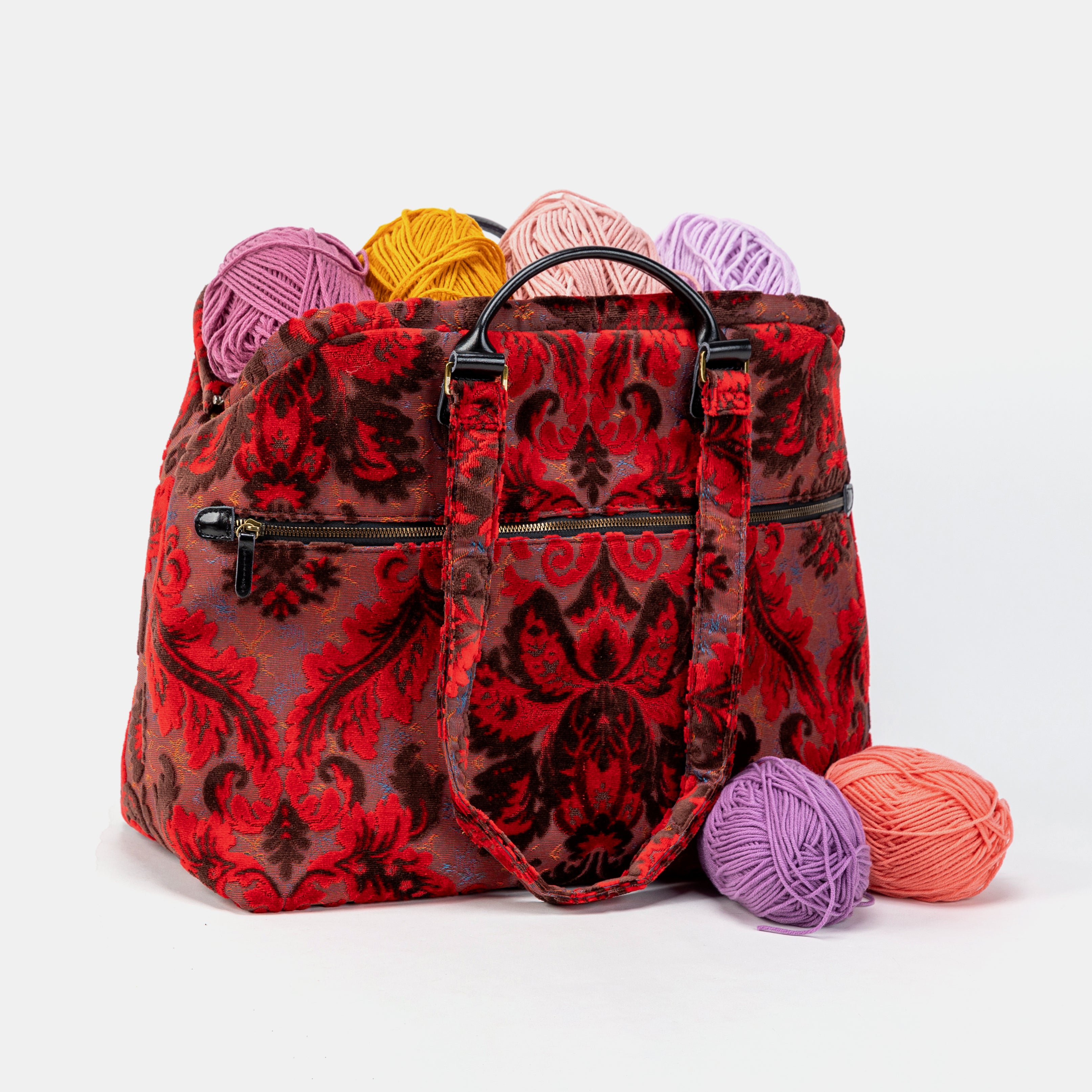 Burnout Velvet Revival Scarlet Knitting Project Bag with yam