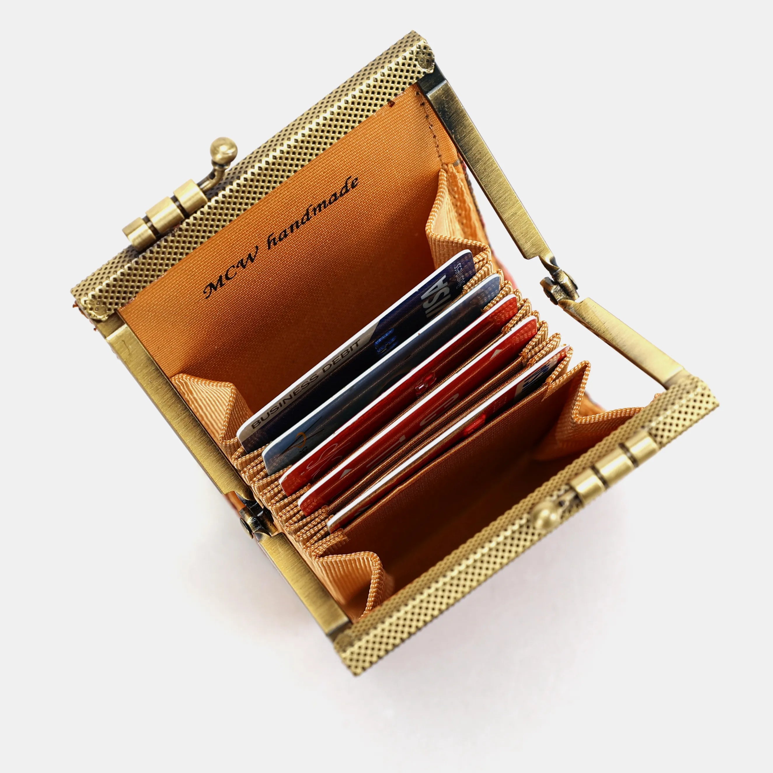 Damask D. Brown Card Wallet Carpetbag of America opening with cards