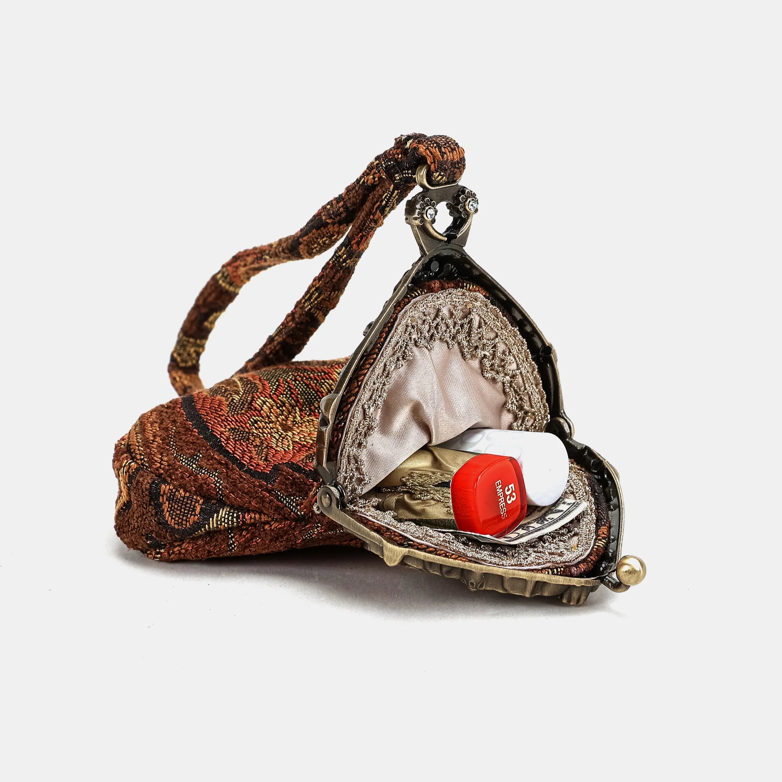 Damask D. Brown Chatelaine Purse Wristlet Bag inside