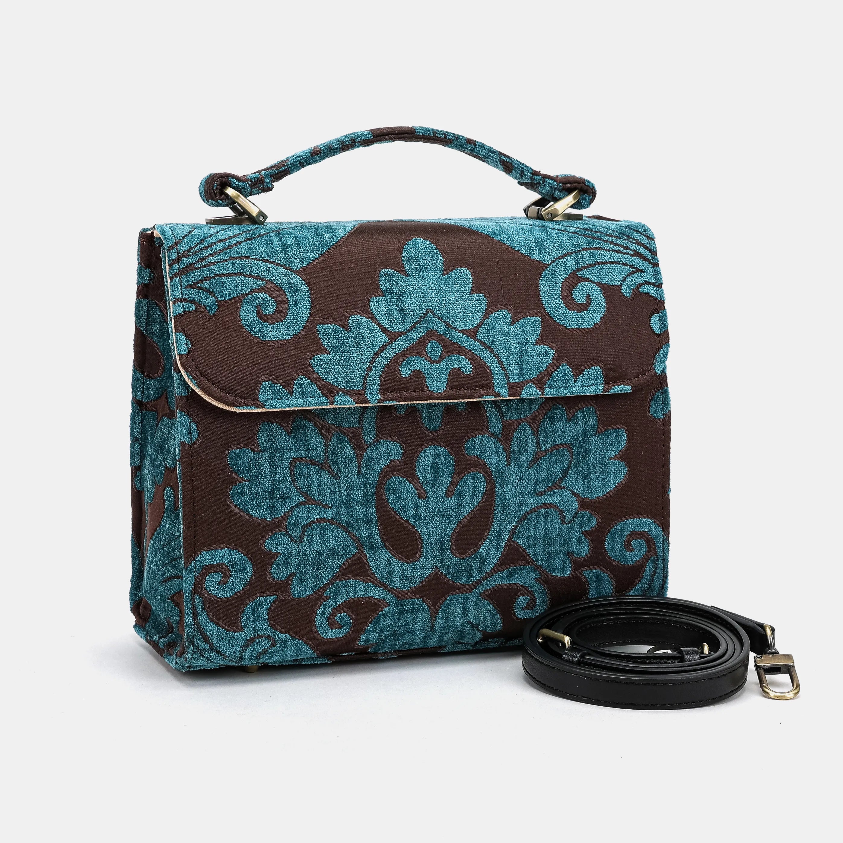 Luxury Damask Blue Flap Satchel Carpetbag of America with shoulder strap