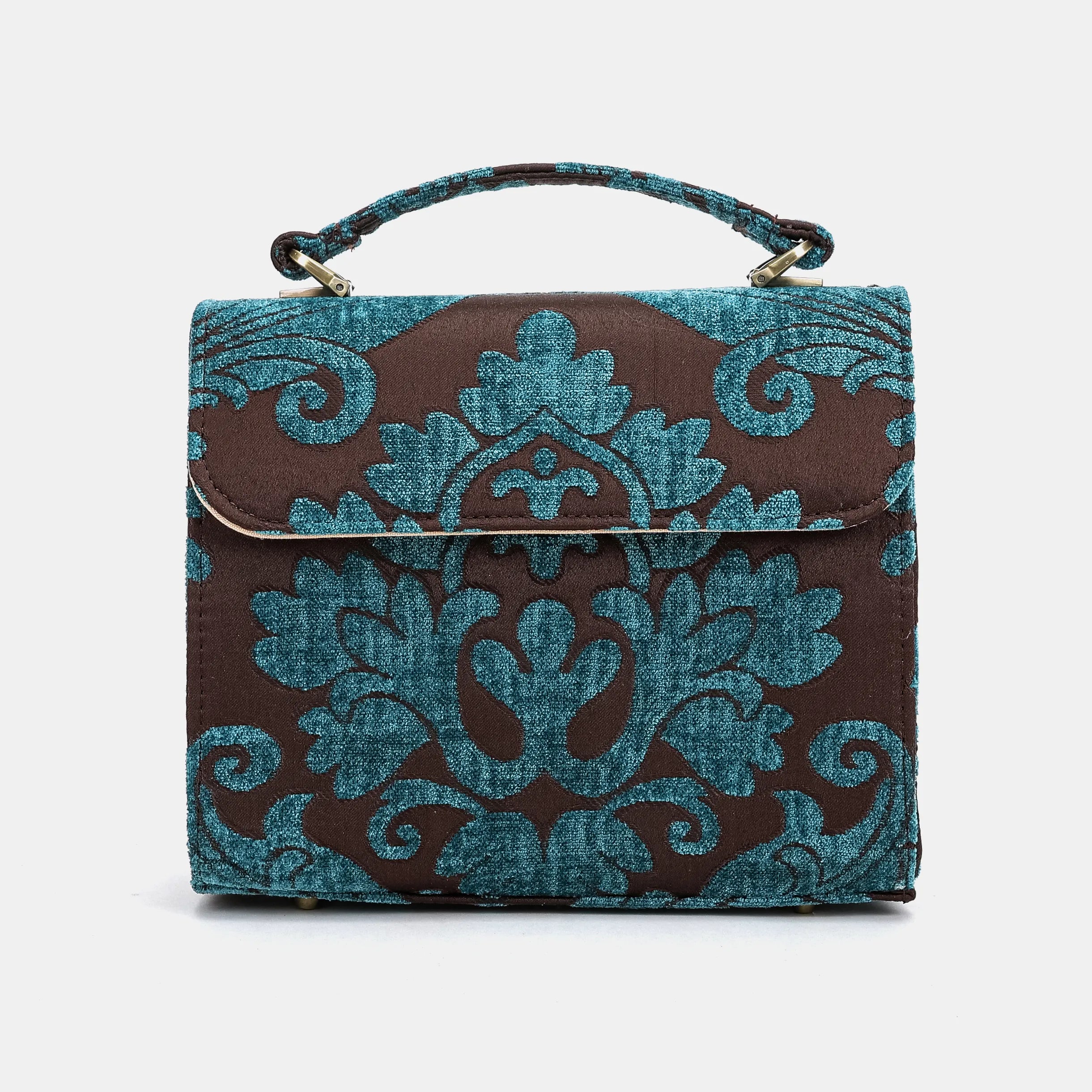 Luxury Damask Blue Flap Satchel Carpetbag of America main