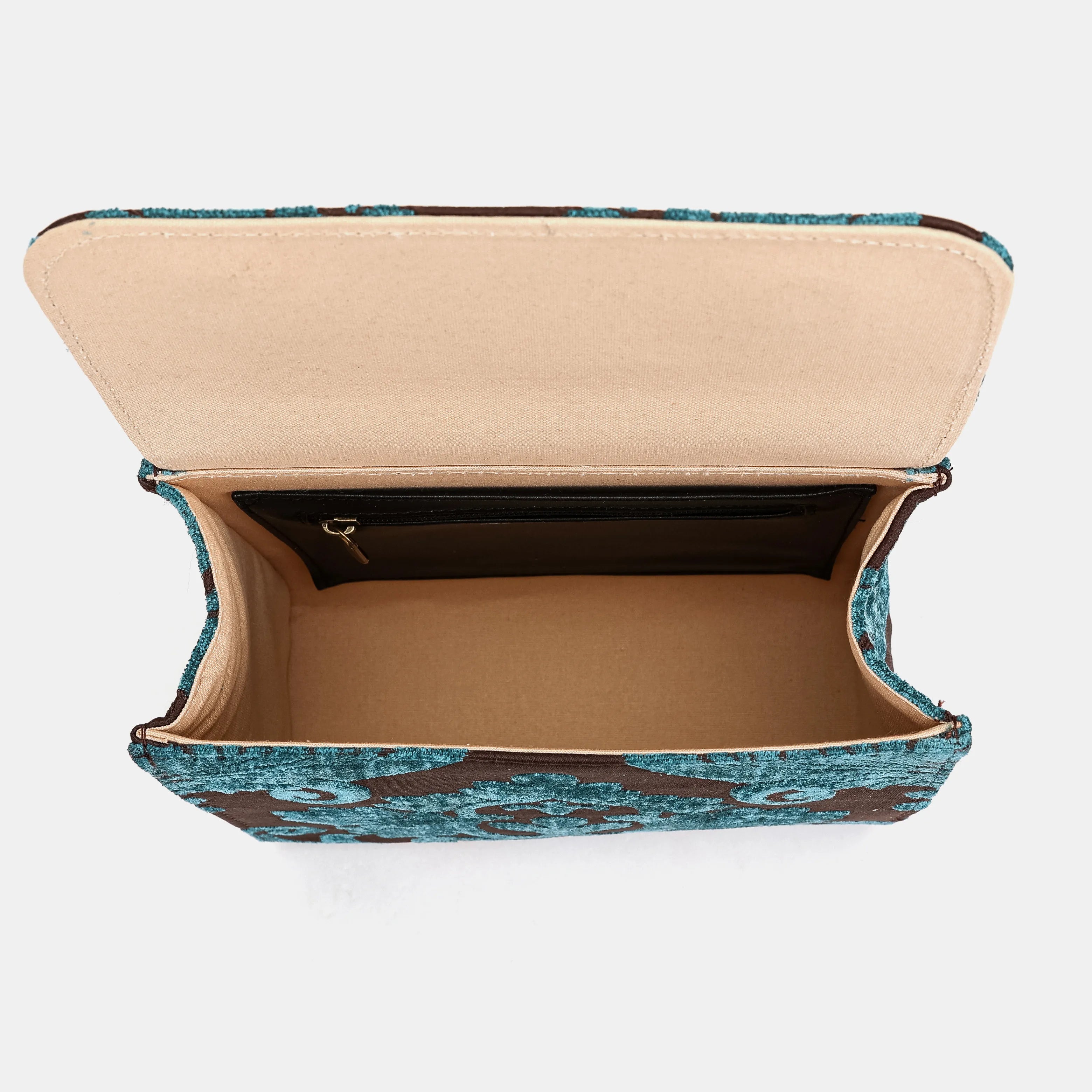 Luxury Damask Blue Flap Satchel Carpetbag of America inside