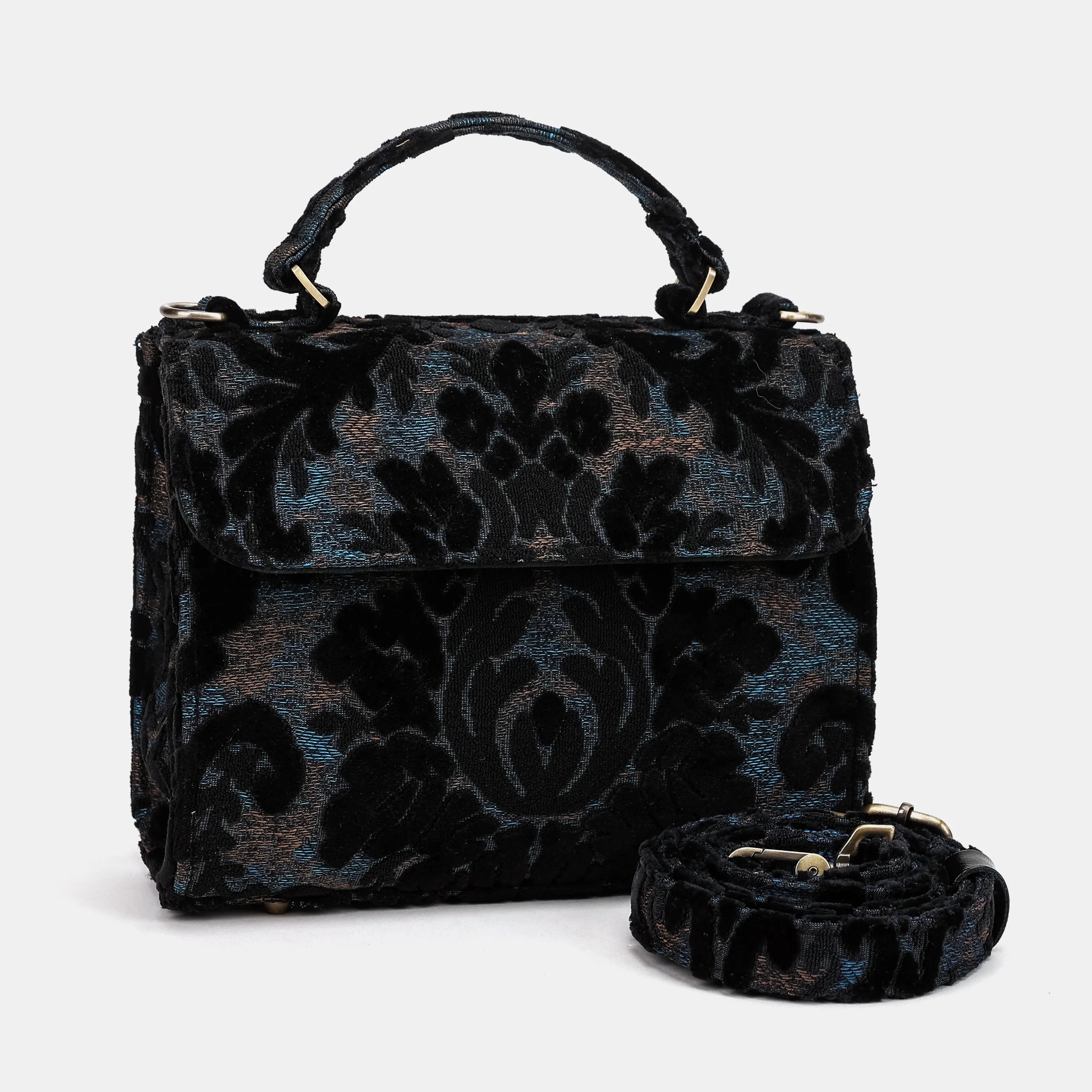 Burnout Velvet Black Flap Satchel Carpetbag of America with shoulder strap