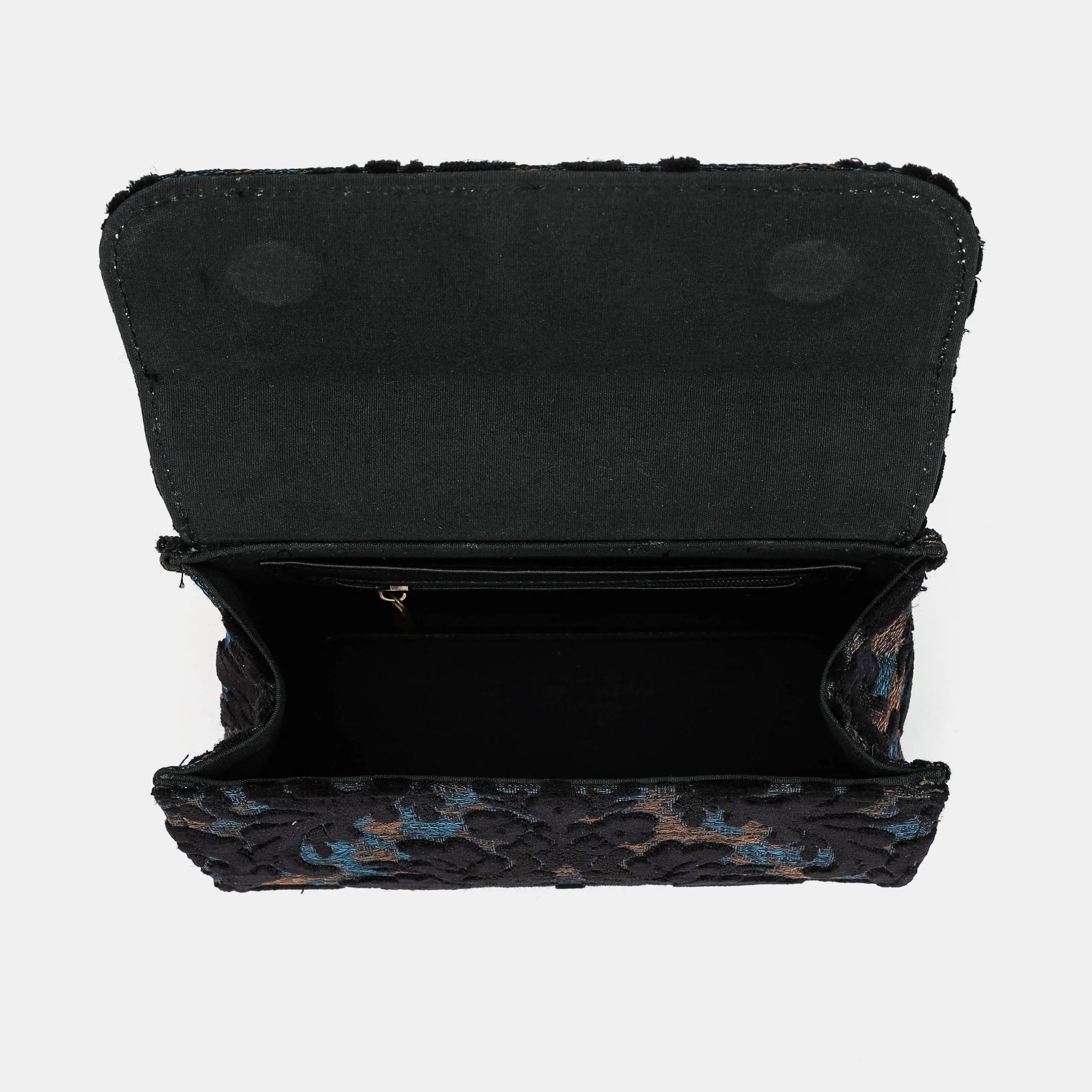 Burnout Velvet Black Flap Satchel Carpetbag of America inside