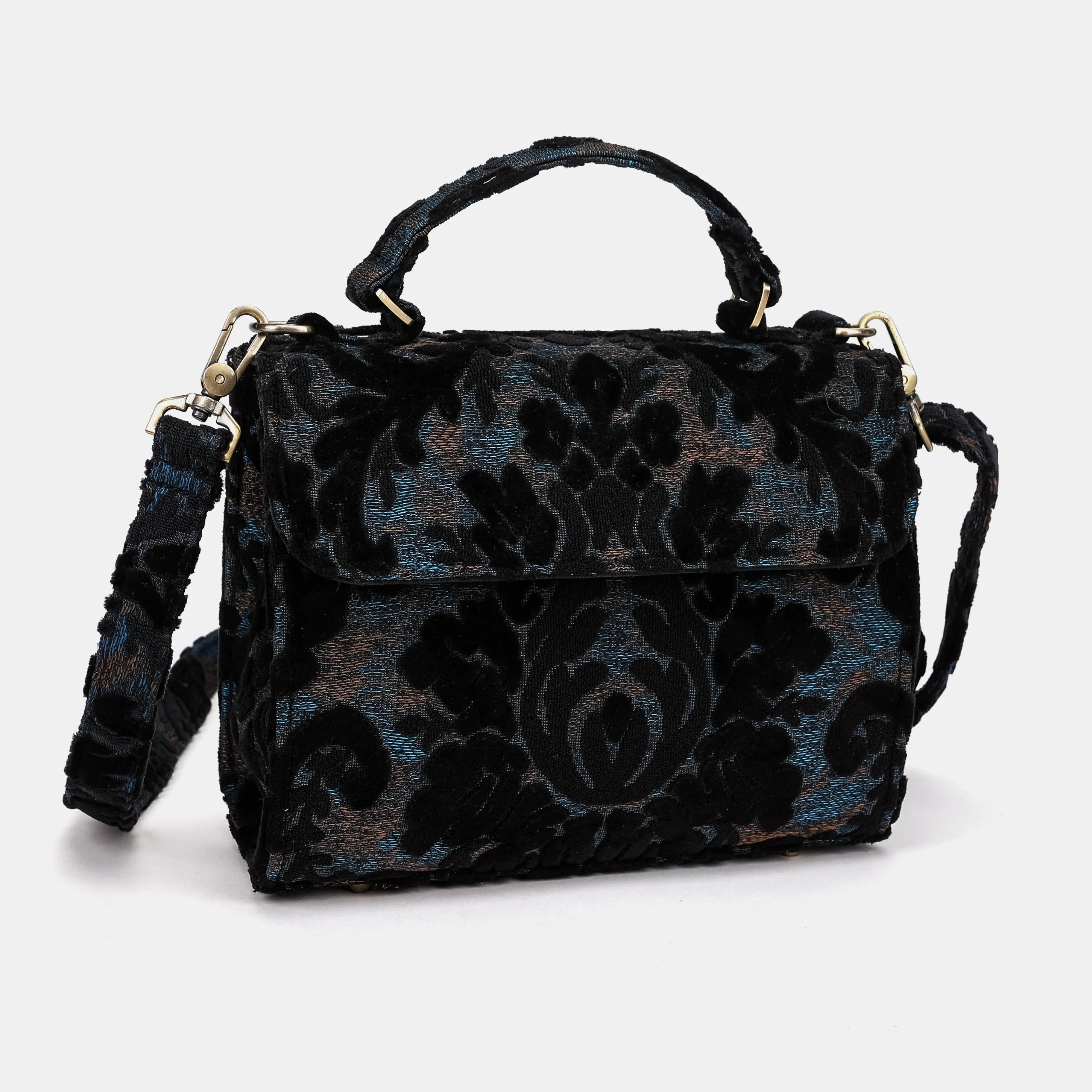 Burnout Velvet Black Flap Satchel Carpetbag of America overview