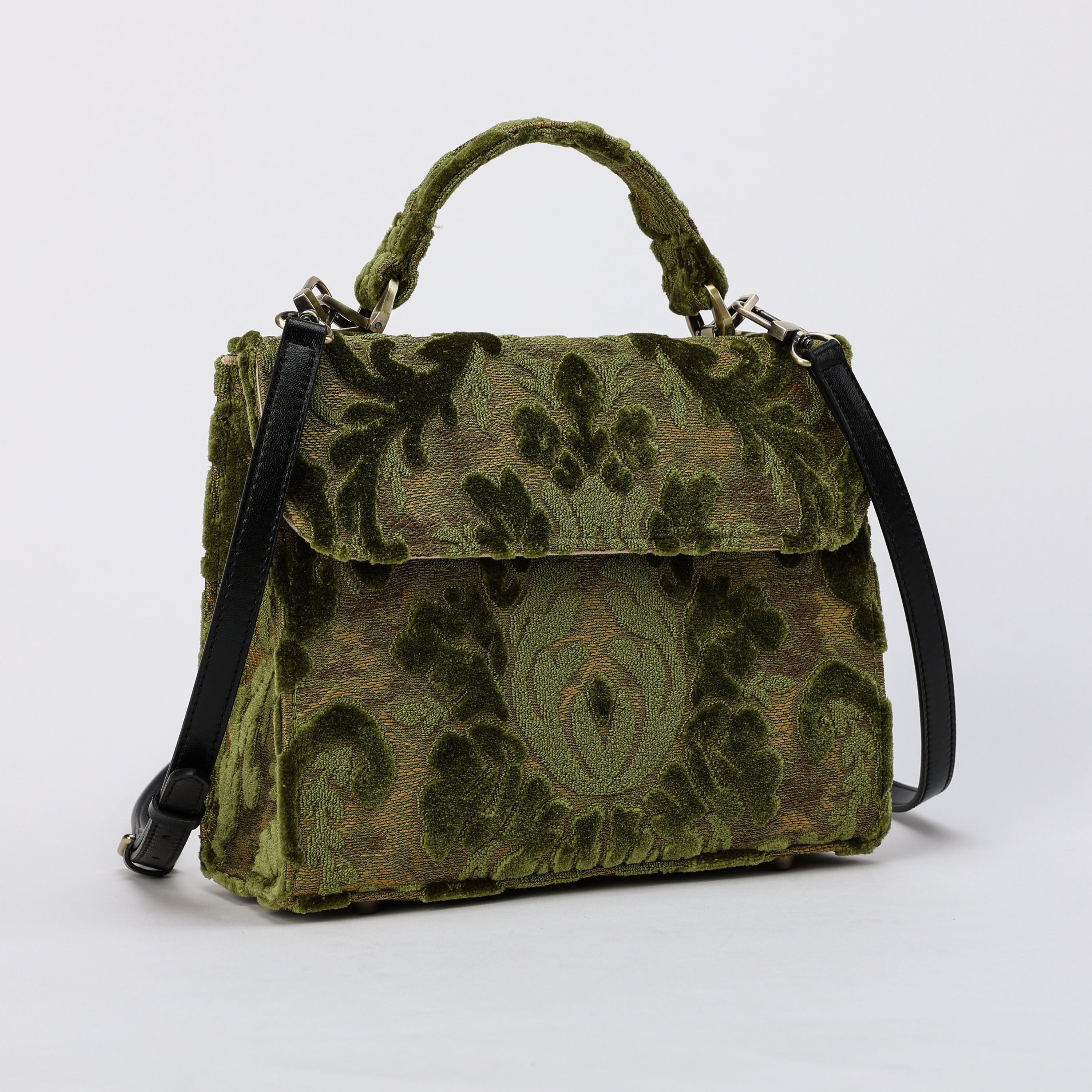 Burnout Velvet Fern Green Flap Satchel carpet bag MCW Handmade-2