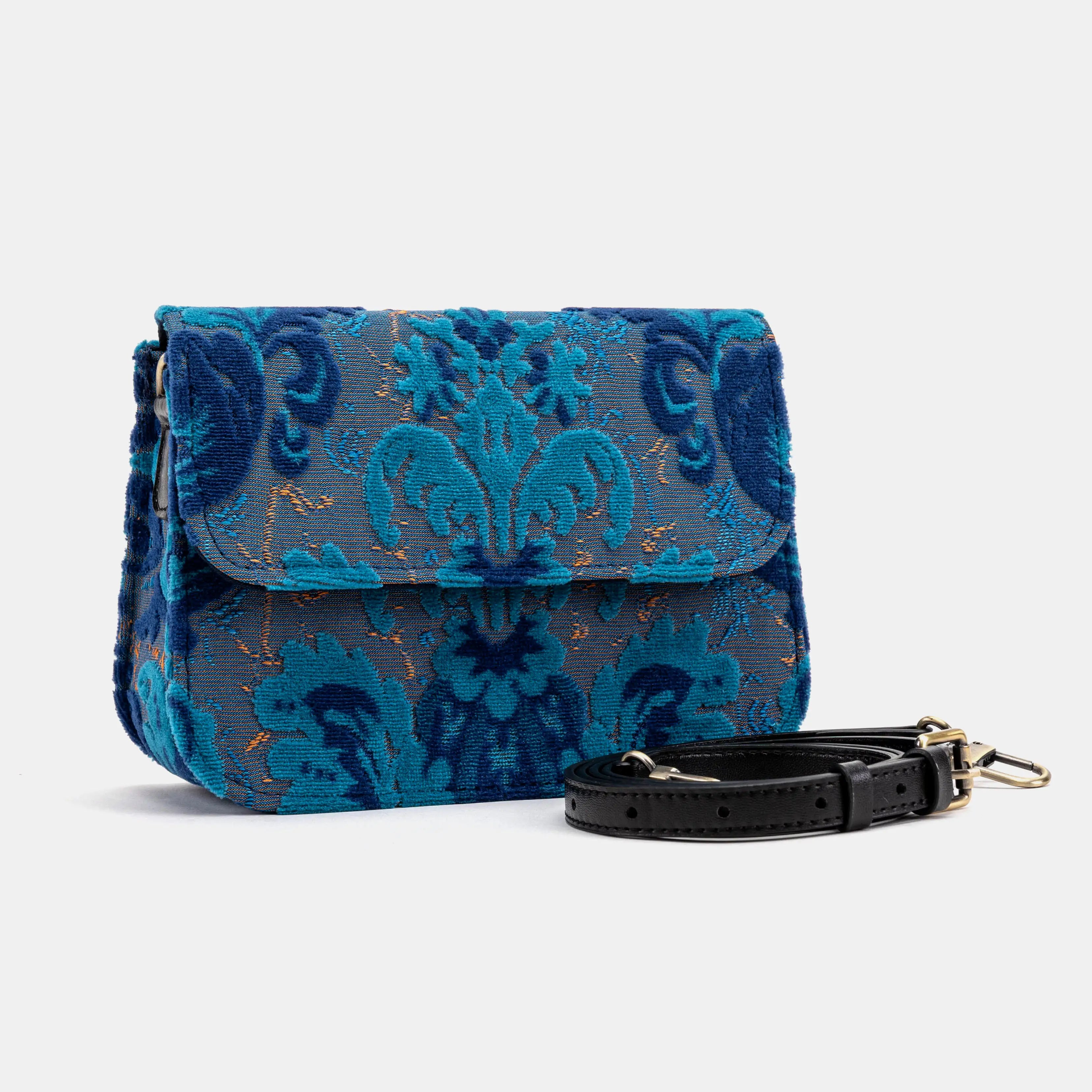 Burnout Velvet Revival Aqua Flap Crossbody Bag of America with shoulder strap