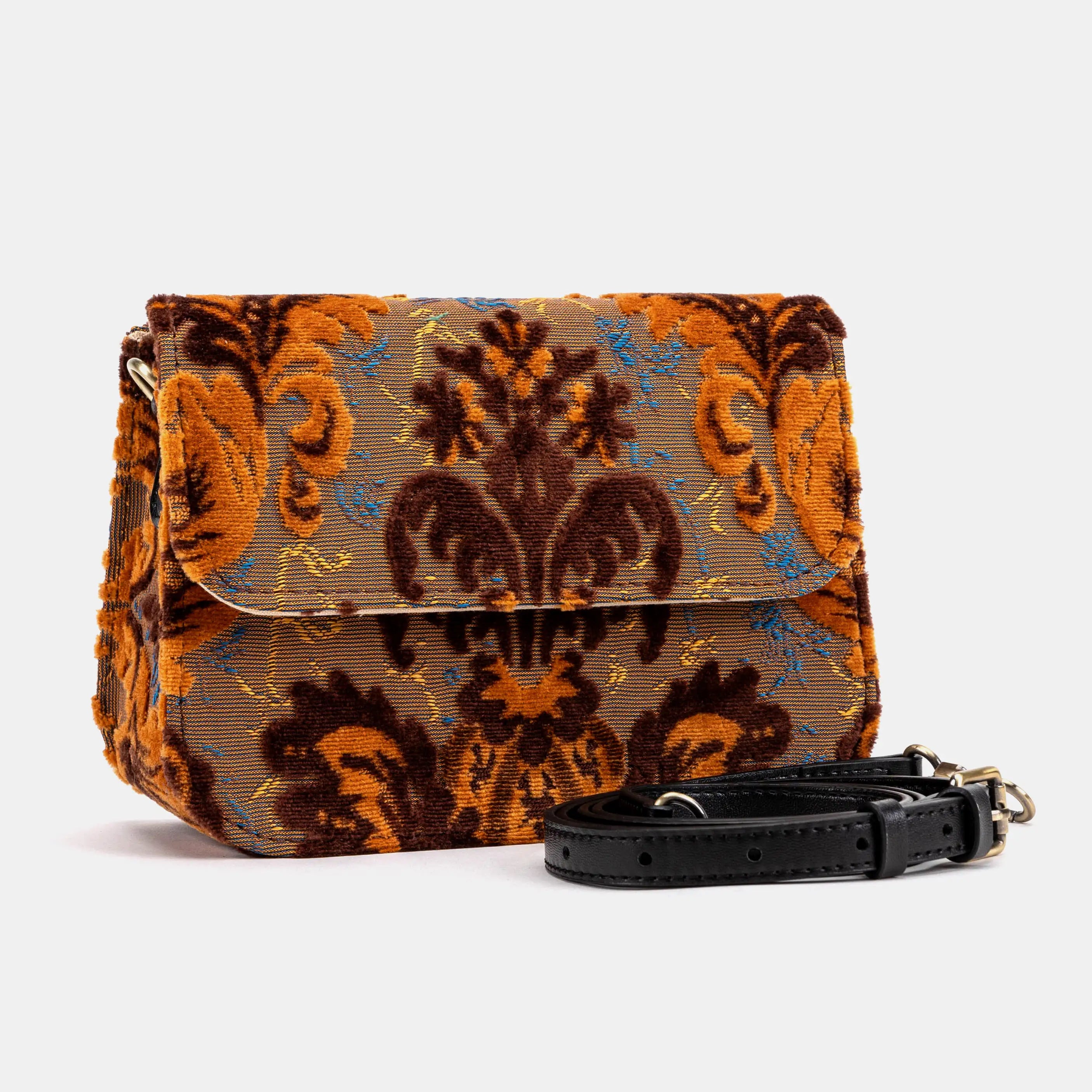 Burnout Velvet Revival Sienna Flap Crossbody Bag of America with shoulder strap
