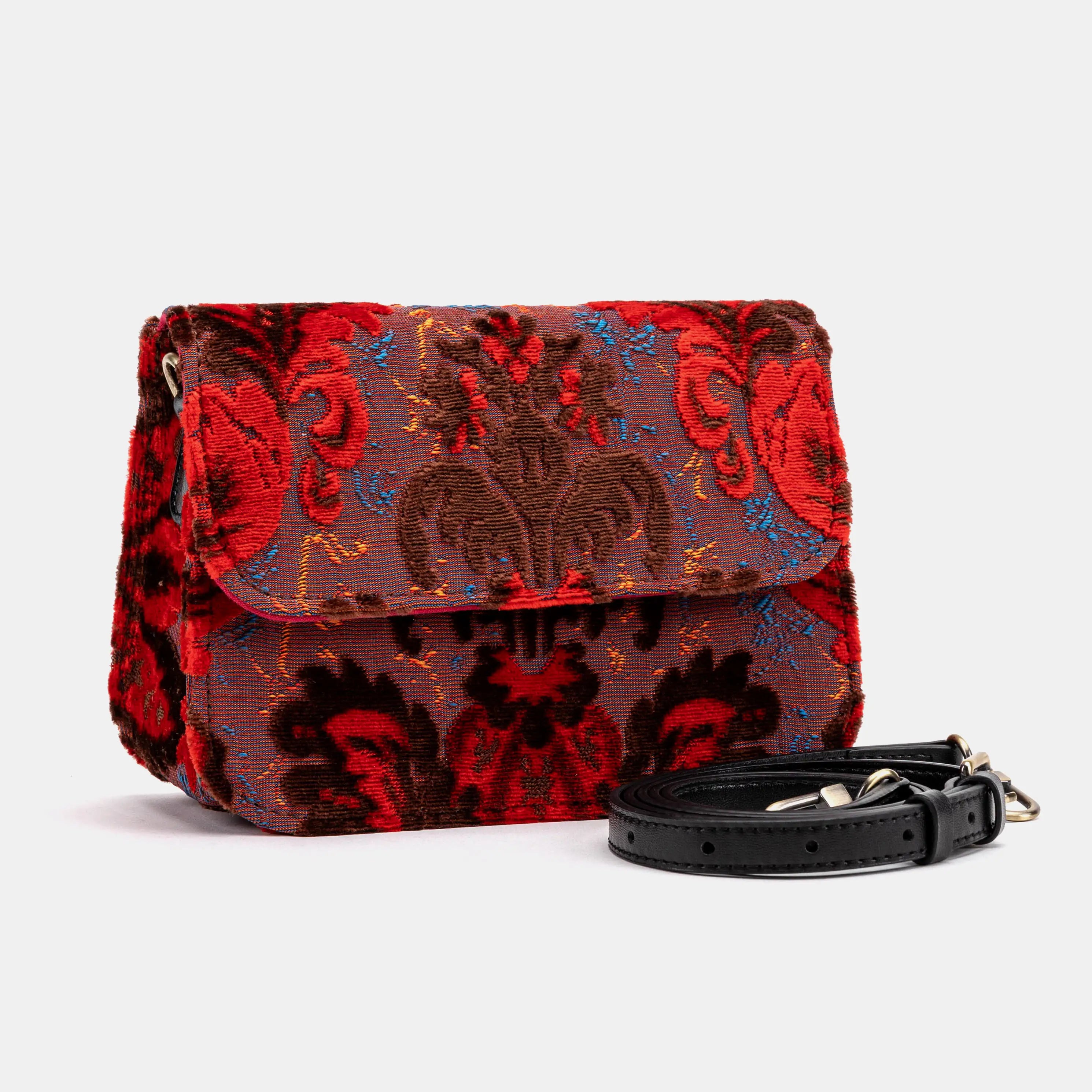 Burnout Velvet Revival Scarlet Flap Crossbody Bag of America with shoulder strap