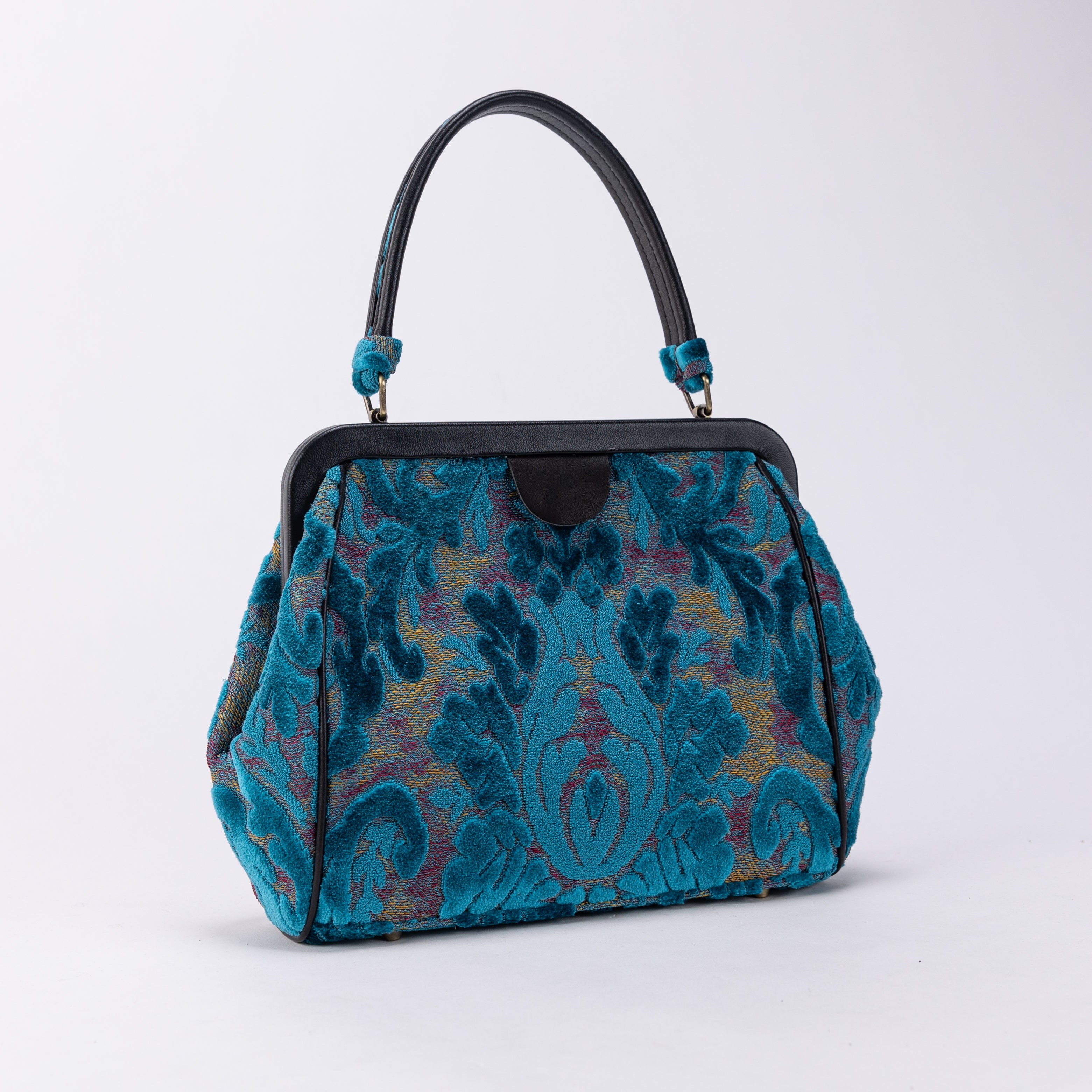 Burnout Velvet Aqua Blue Alma Satchel Carpet Bag of America front side