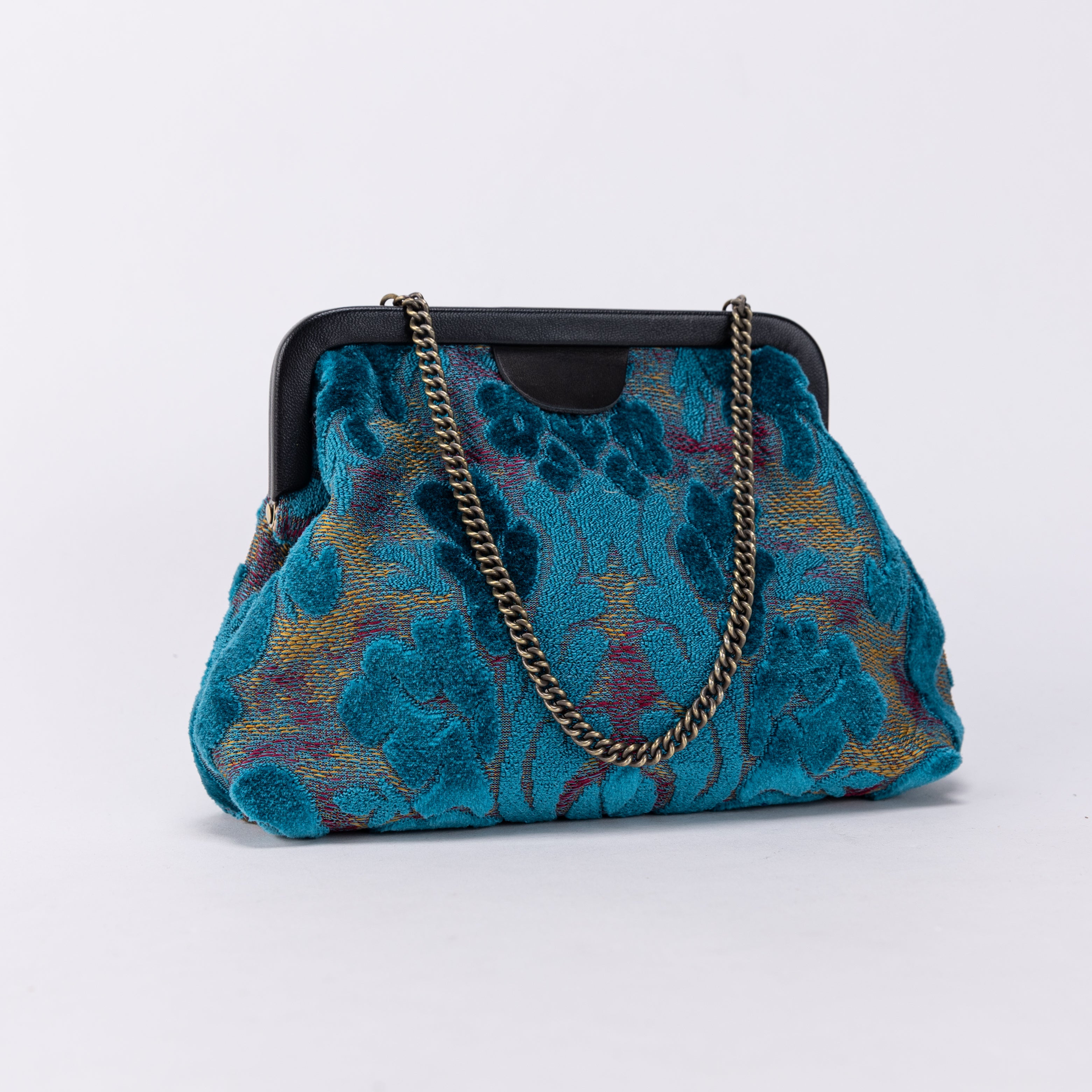 Burnout Velvet Aqua Blue Alma Evening Clutch Carpet Bag of America front side