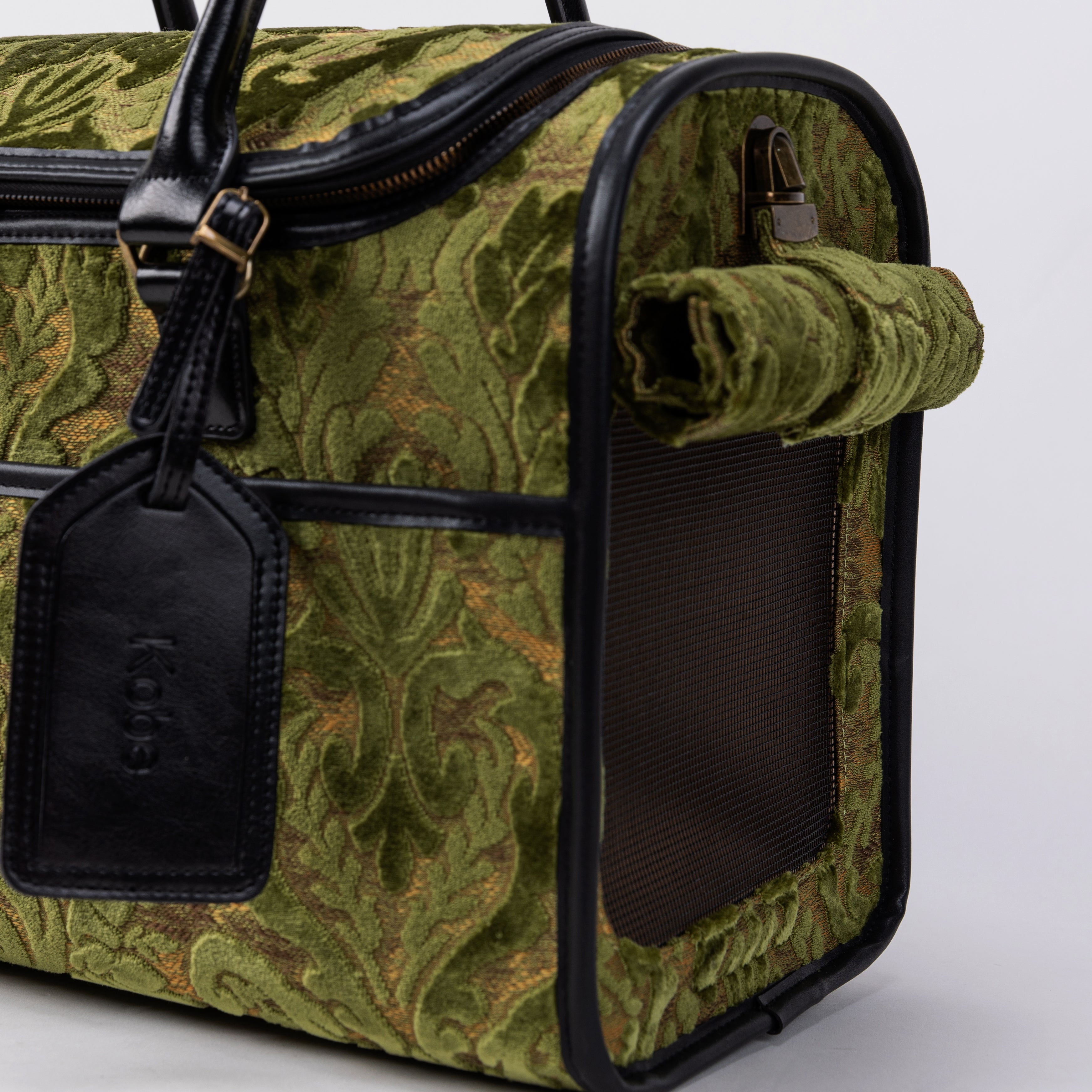 Travel Dog Carrier Bag Burnout Velvet Fern Green Tag