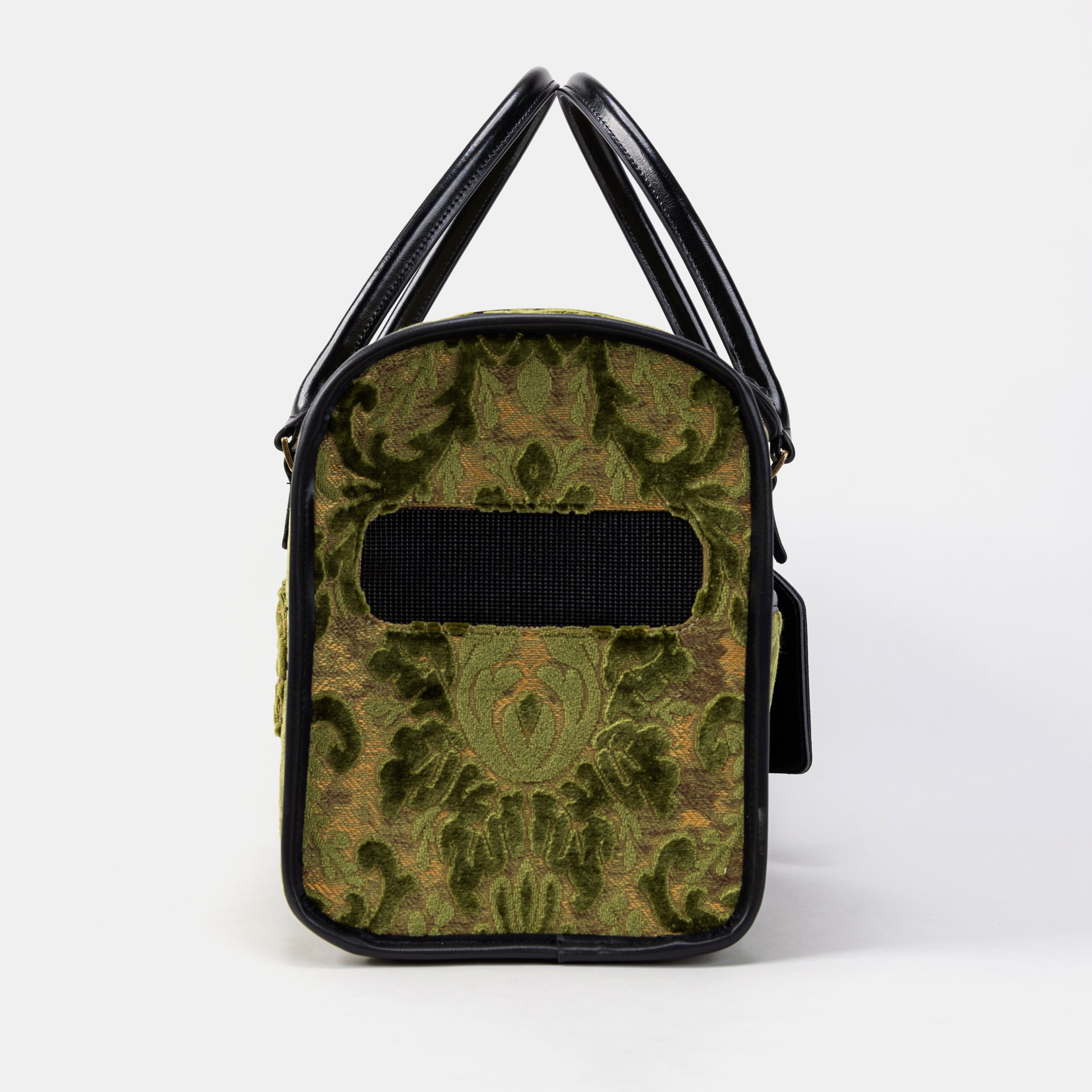 Travel Dog Carrier Bag Burnout Velvet Fern Green Side Mesh