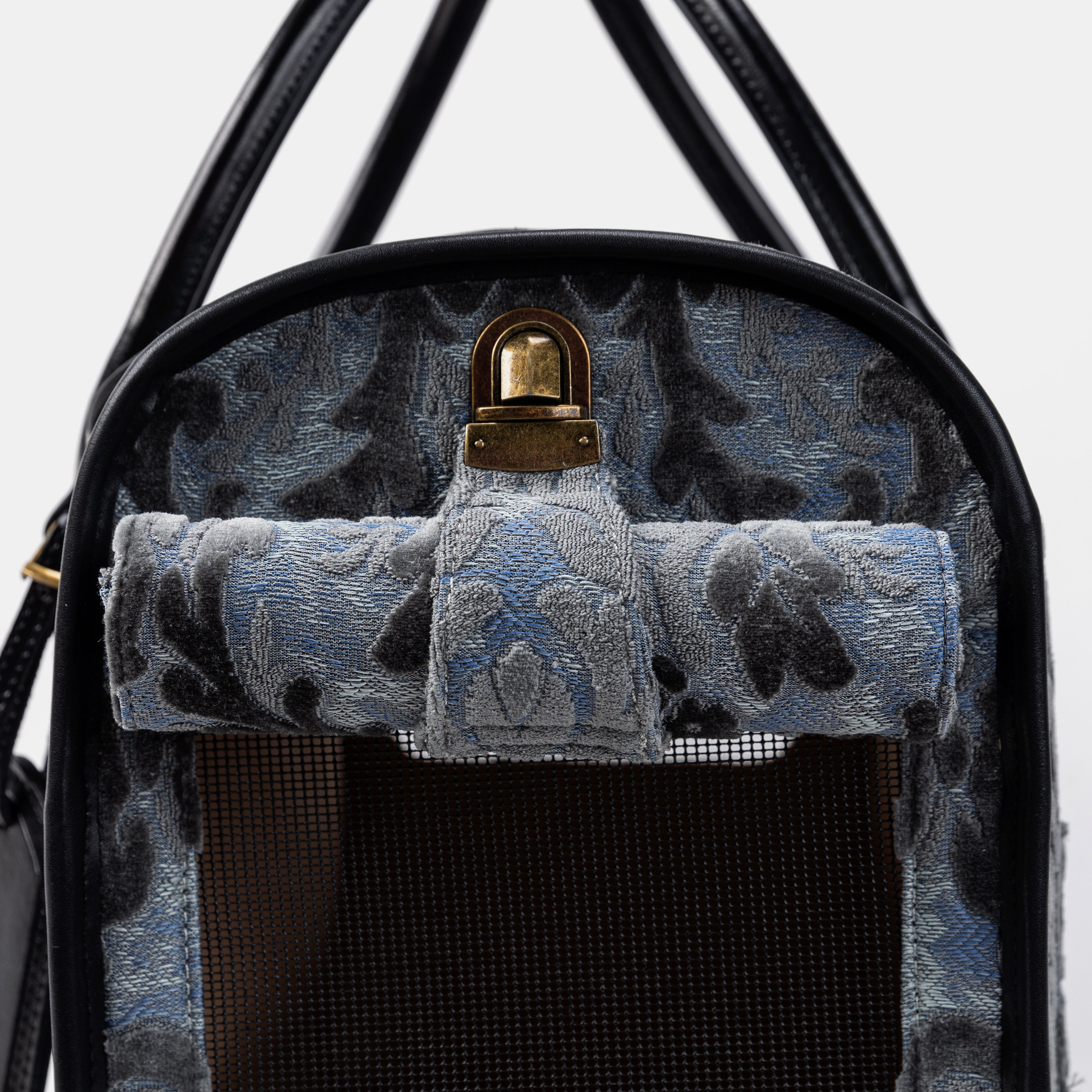 Travel Dog Carrier Bag  Burnout Velvet Steel Blue Roll Up Flap