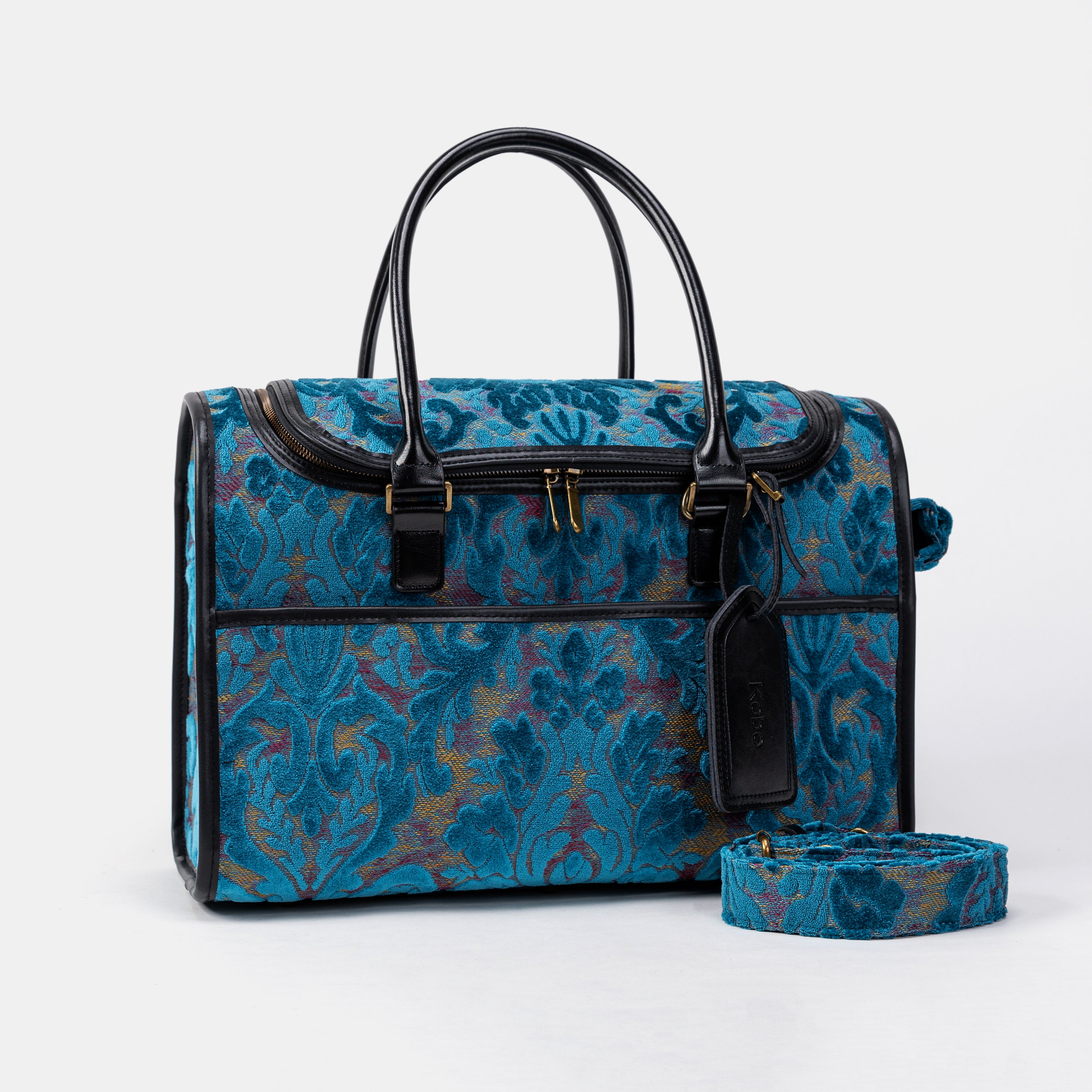 Travel Dog Carrier Bag Burnout Velvet Aqua Blue Shoulder Strap