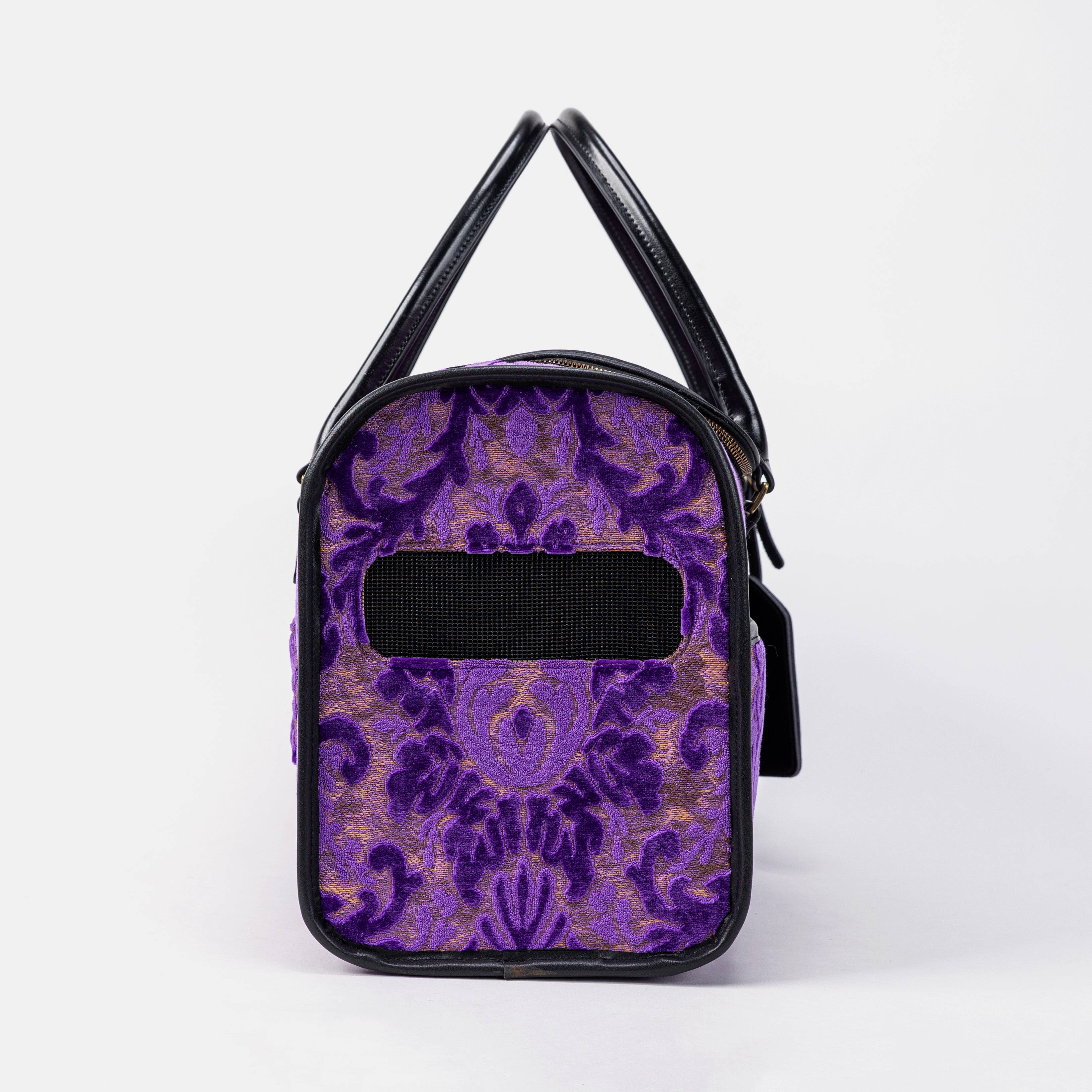Travel Dog Carrier Bag  Burnout Velvet Purple Side Mesh