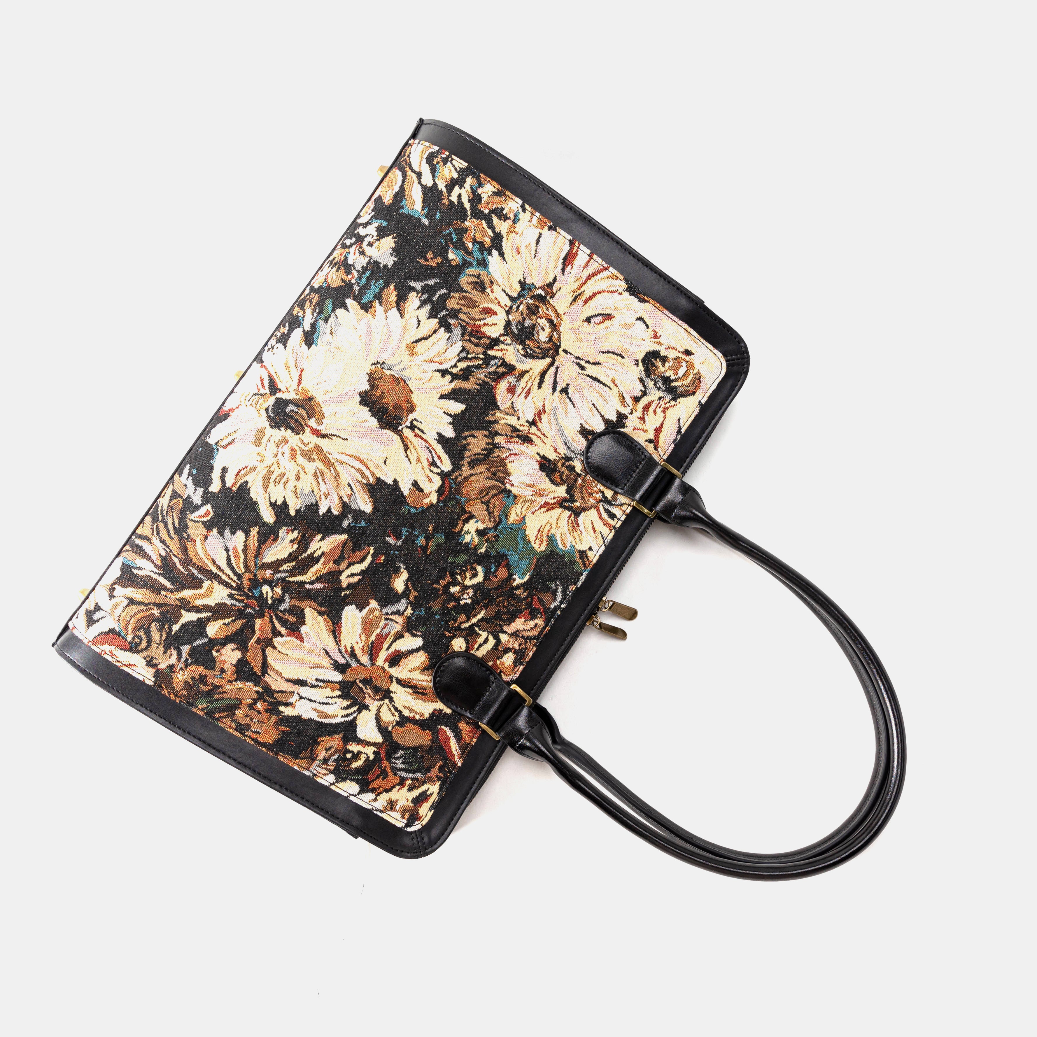 Blooming Daisy Black Business Tote lay flat