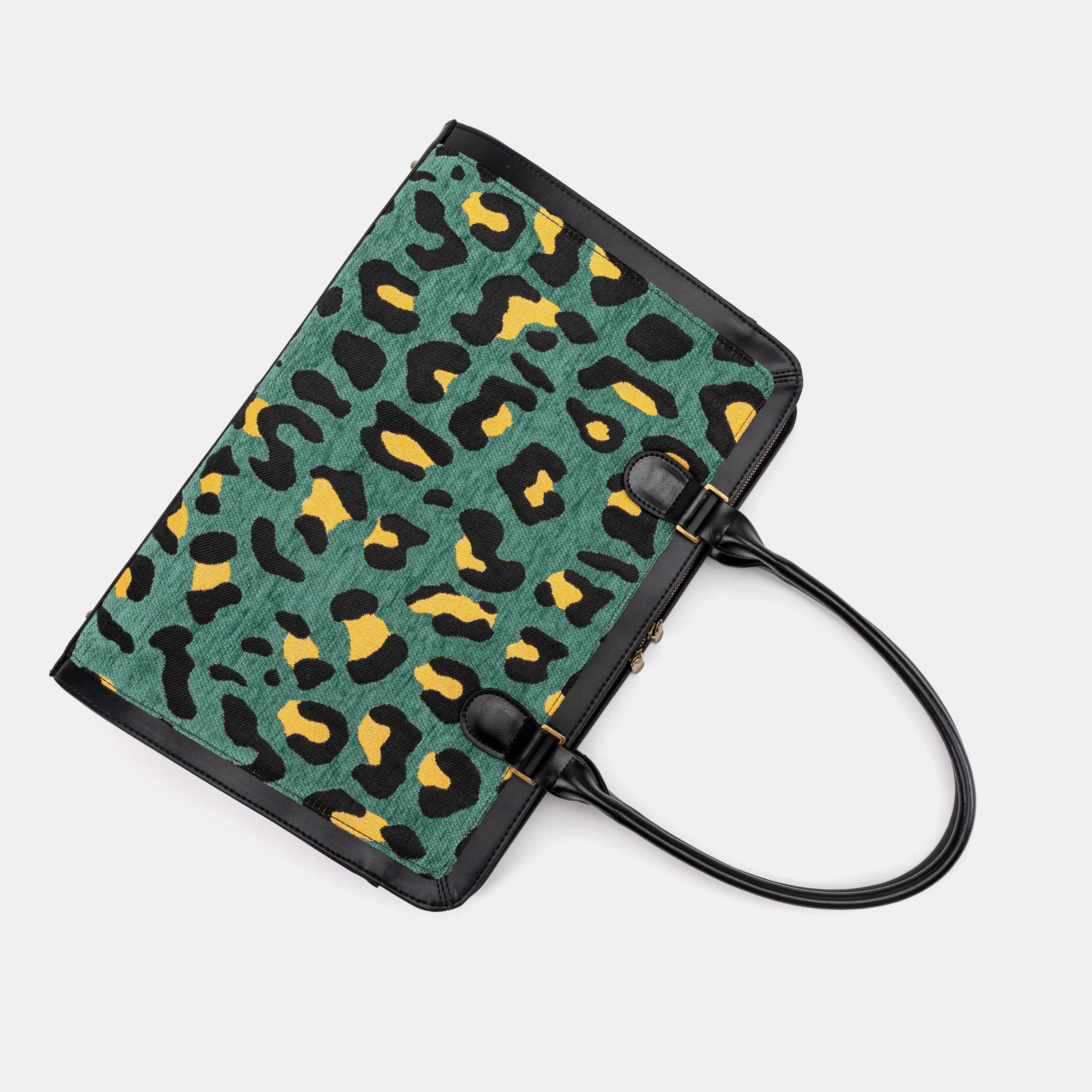 Leopard Green Business Tote of American flat lay