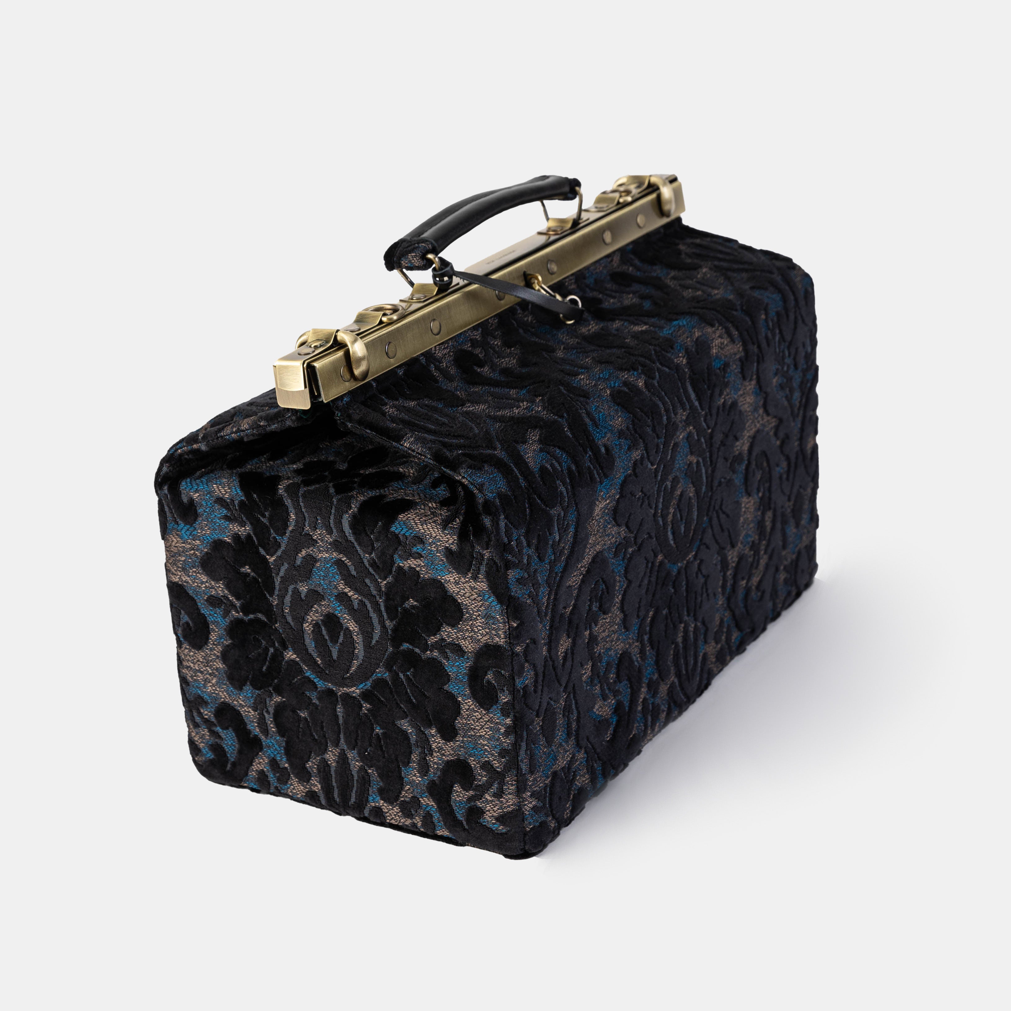 Gladstone Bag Carpet Doctor Bag Victorian Weekender Bag Shoulder Frame Bag Genevieve Burnout Velvet Black Carpetbagger Carpetbag of America side