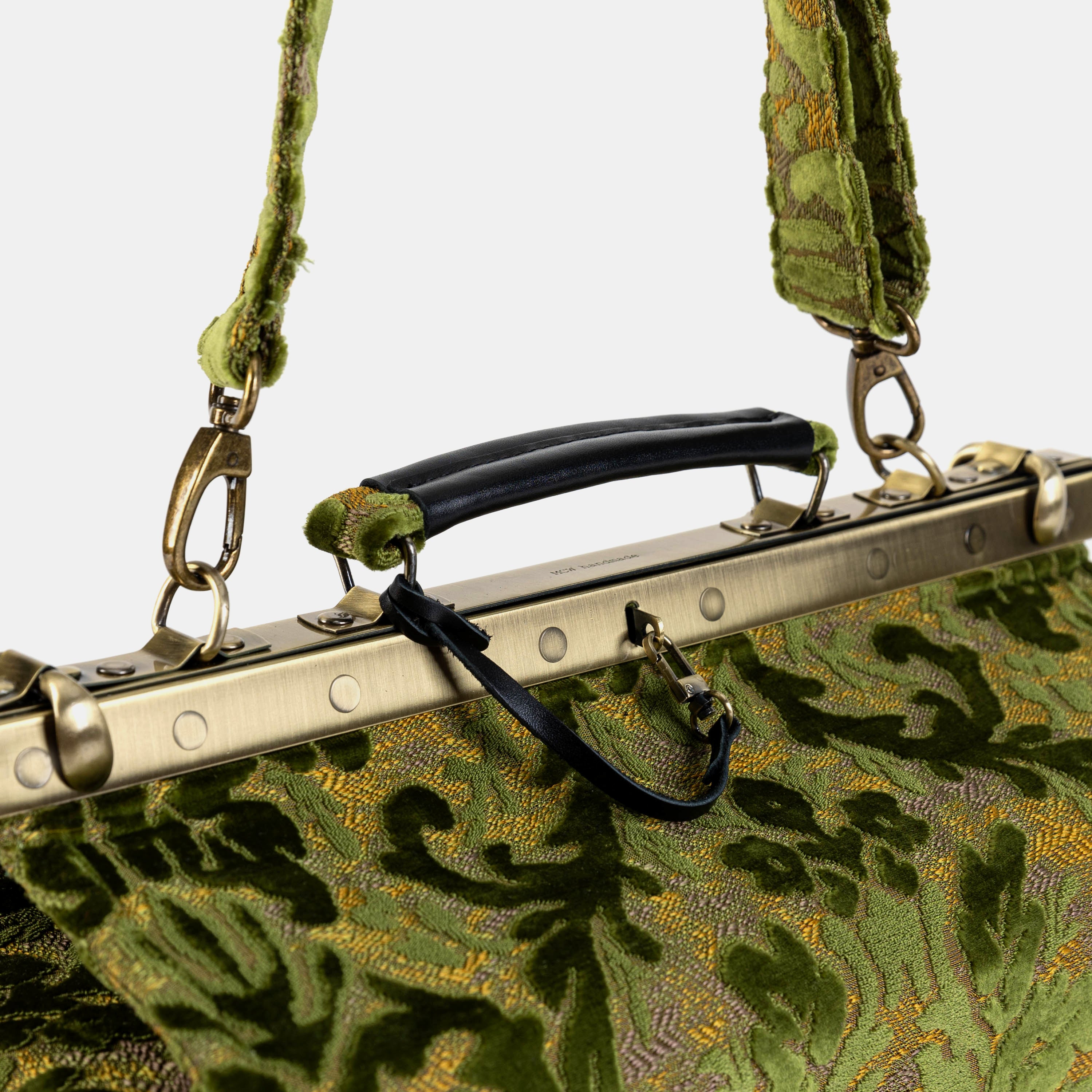 Gladstone Bag Carpet Doctor Bag Victorian Weekender Bag Shoulder Frame Bag Genevieve Burnout Velvet Fern Green Carpetbagger Carpetbag of America handle