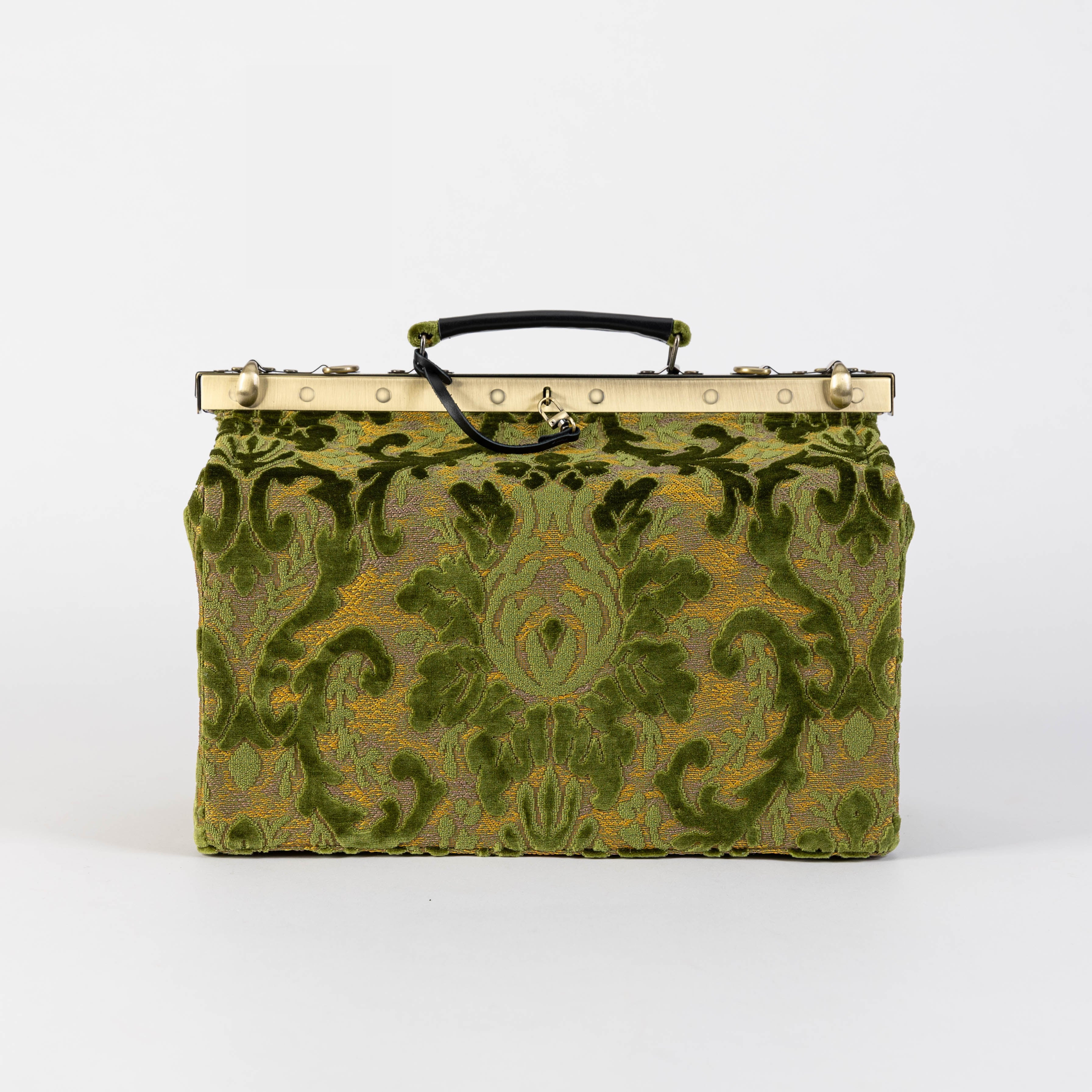 Gladstone Bag Carpet Doctor Bag Victorian Weekender Bag Shoulder Frame Bag Genevieve Burnout Velvet Fern Green Carpetbagger Carpetbag of America front